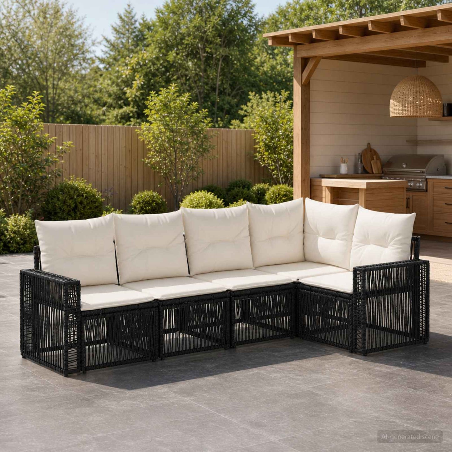 Gartensofa-set 5 stk. Schwarz und Cremeweiß Poly-Rattan