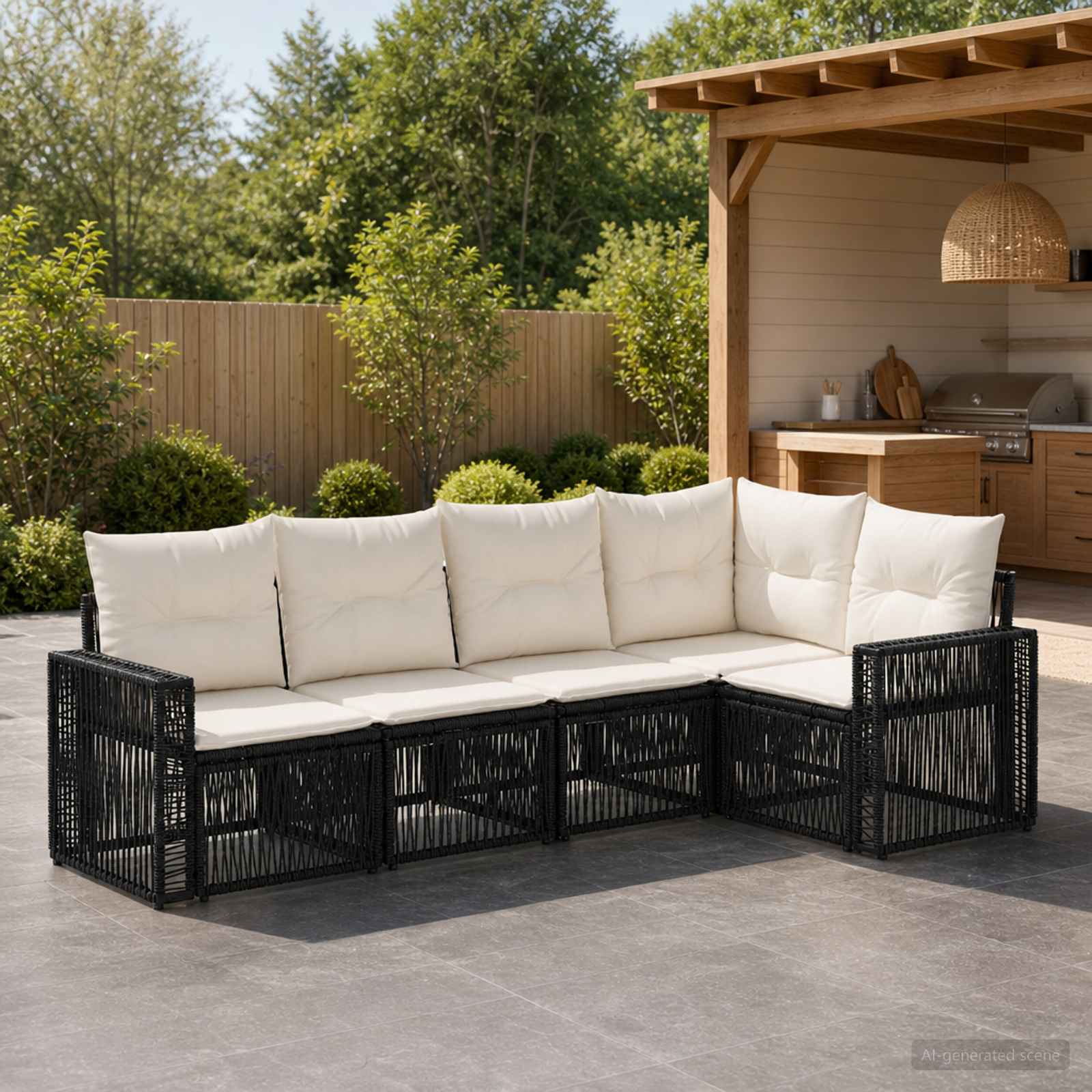 Gartensofa-set 5 stk. Schwarz und Cremeweiß Poly-Rattan