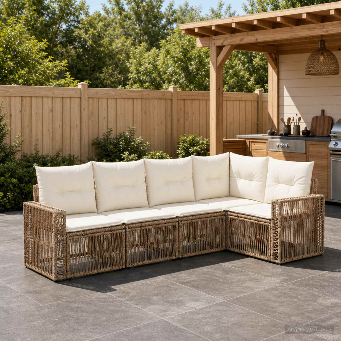 Gartensofa-set 5 pcs Beige und Cremeweiß Poly-Rattan