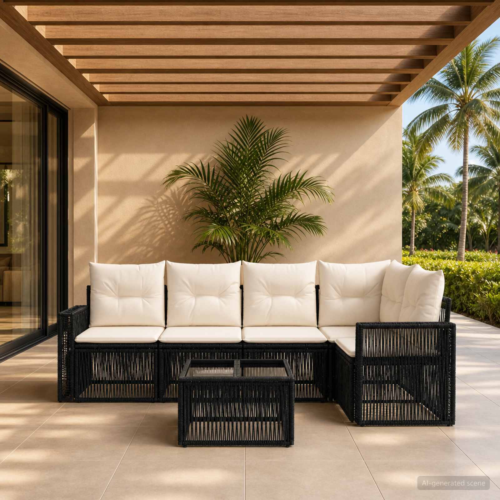 Gartensofa-set 6 stk. Schwarz und Cremeweiß Poly-Rattan