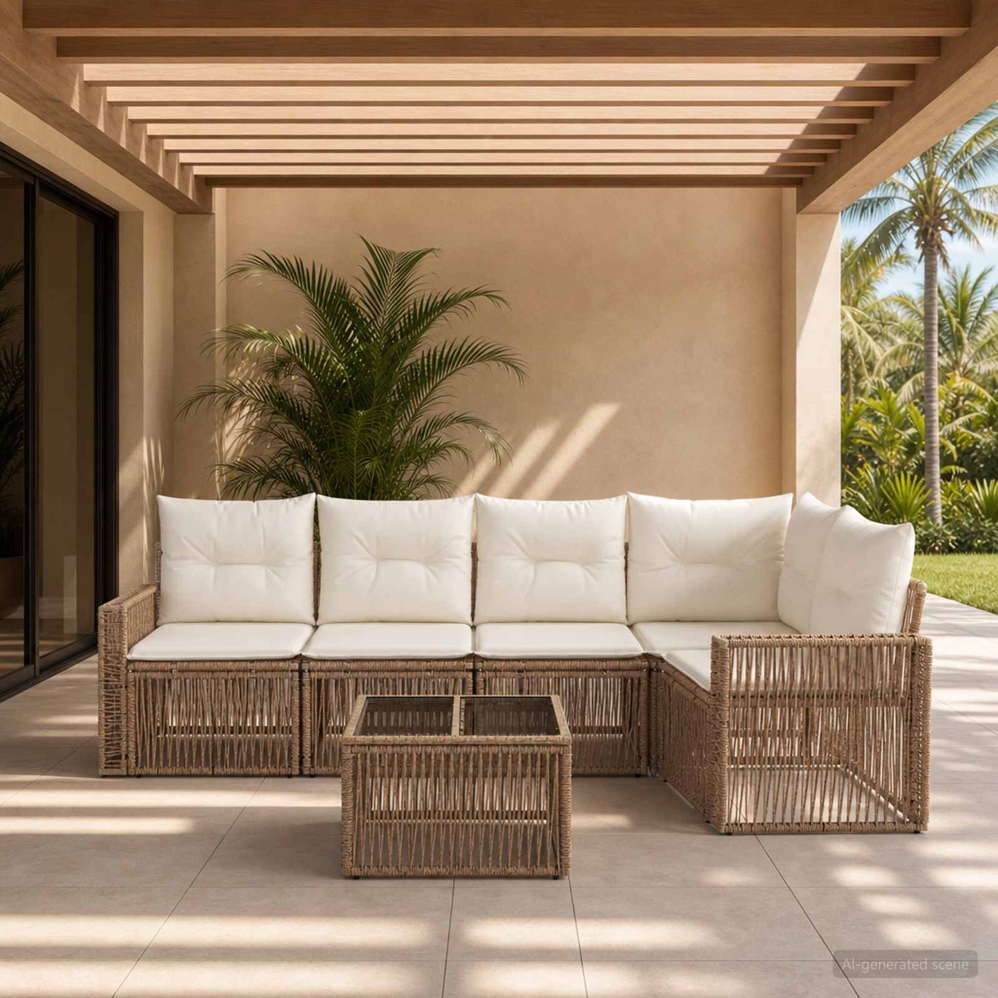 Gartensofa-set 6 pcs Beige und Cremeweiß Poly-Rattan