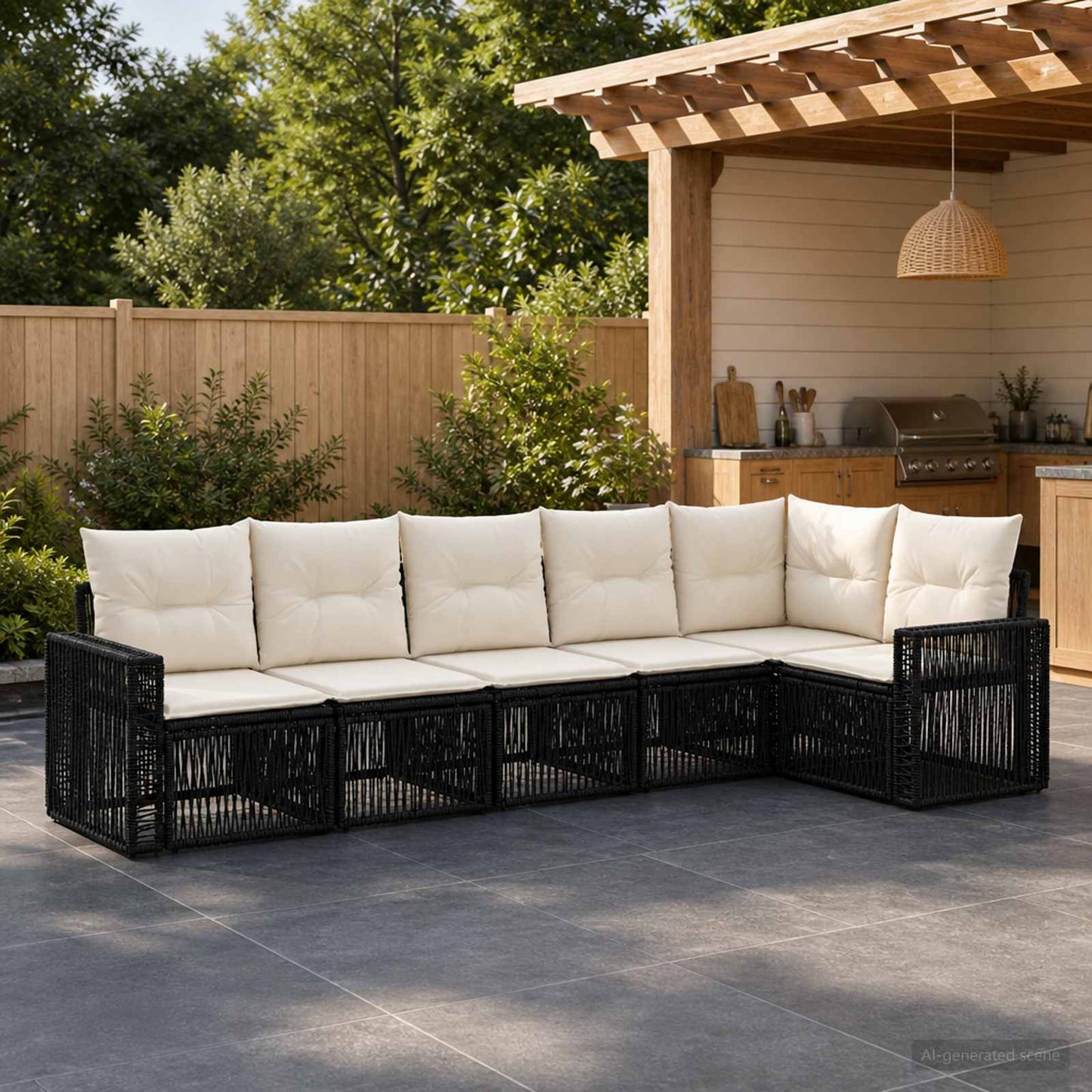 Gartensofa-set 6 stk. Schwarz und Cremeweiß Poly-Rattan