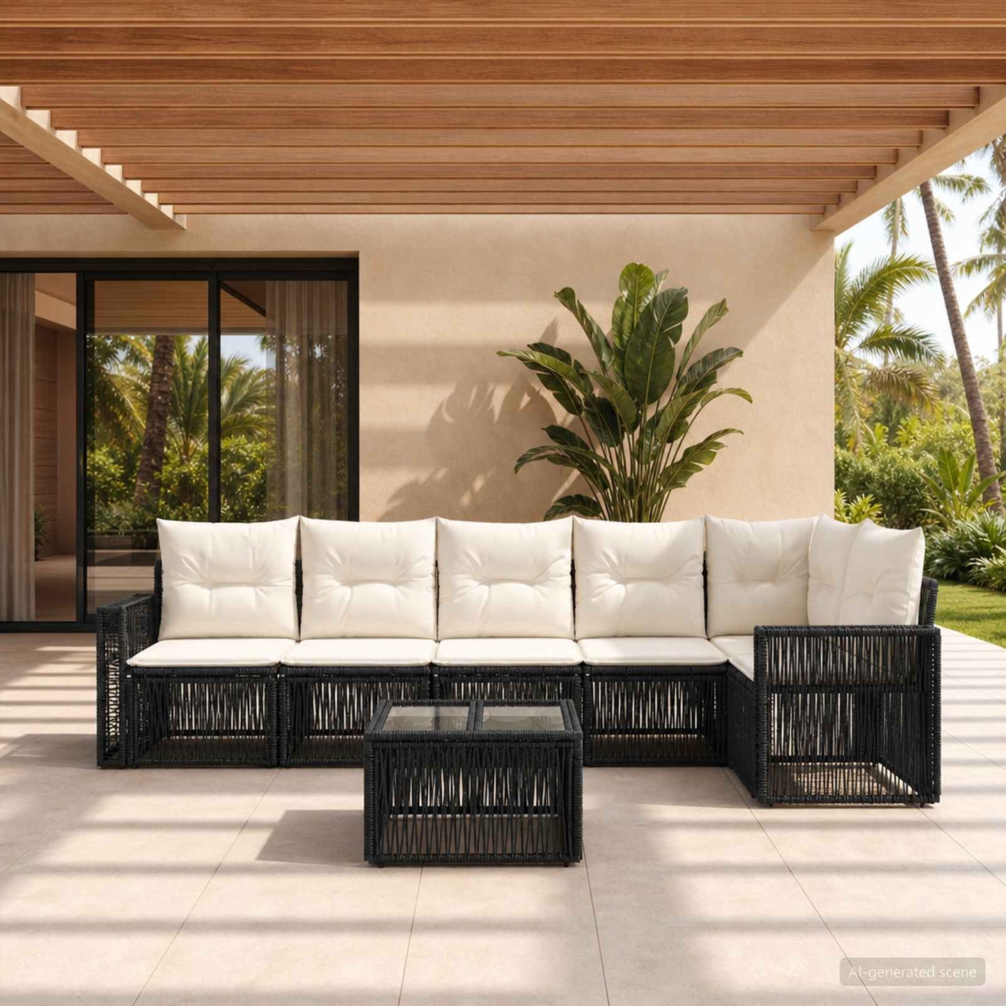 Gartensofa-set 7 stk. Schwarz und Cremeweiß Poly-Rattan
