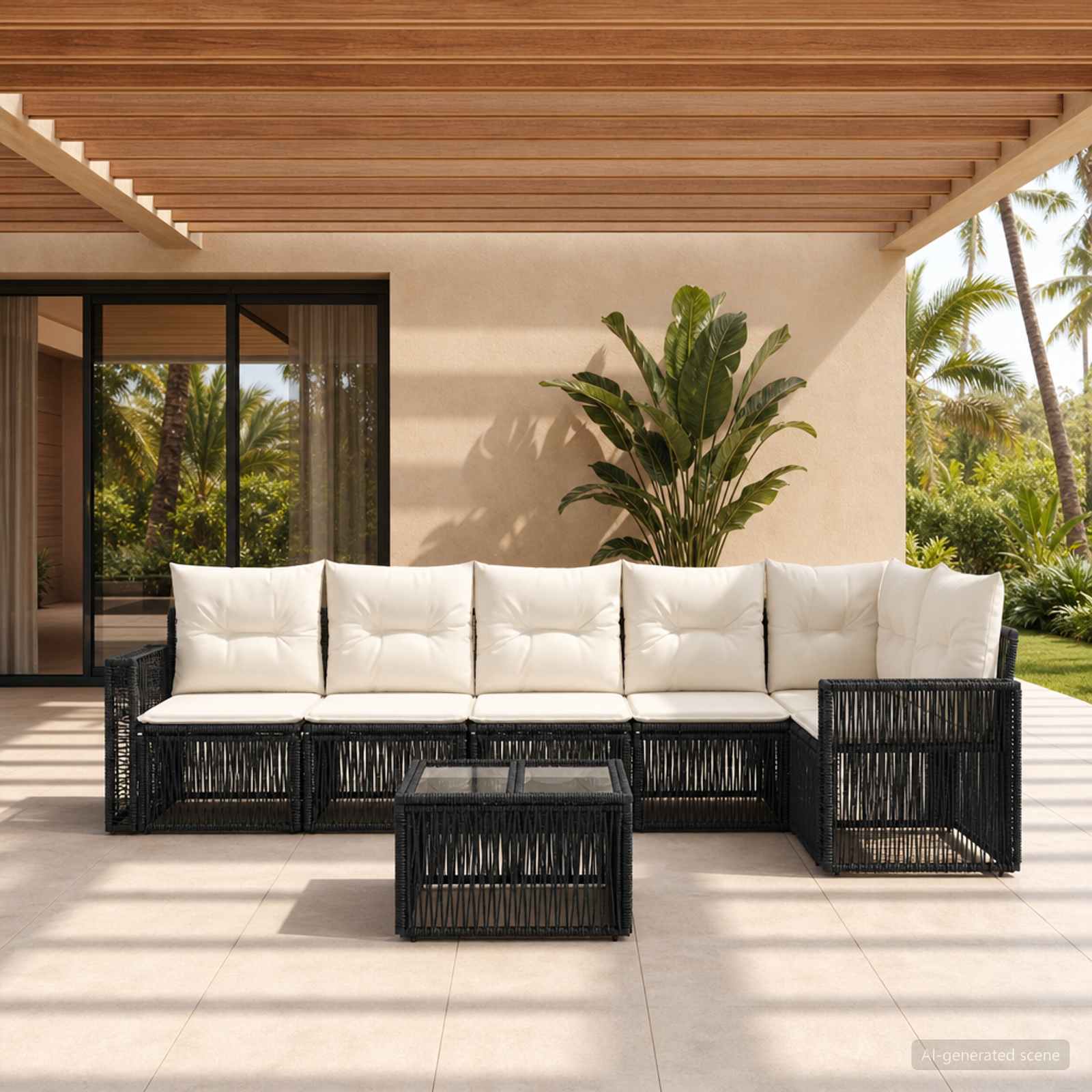 Gartensofa-set 7 stk. Schwarz und Cremeweiß Poly-Rattan