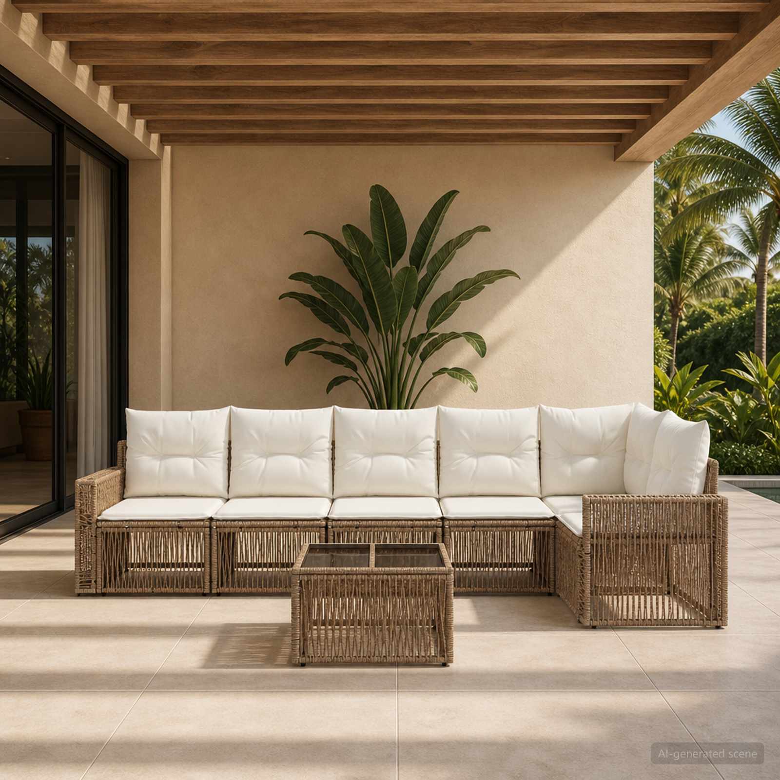Gartensofa-set 7 pcs Beige und Cremeweiß Poly-Rattan