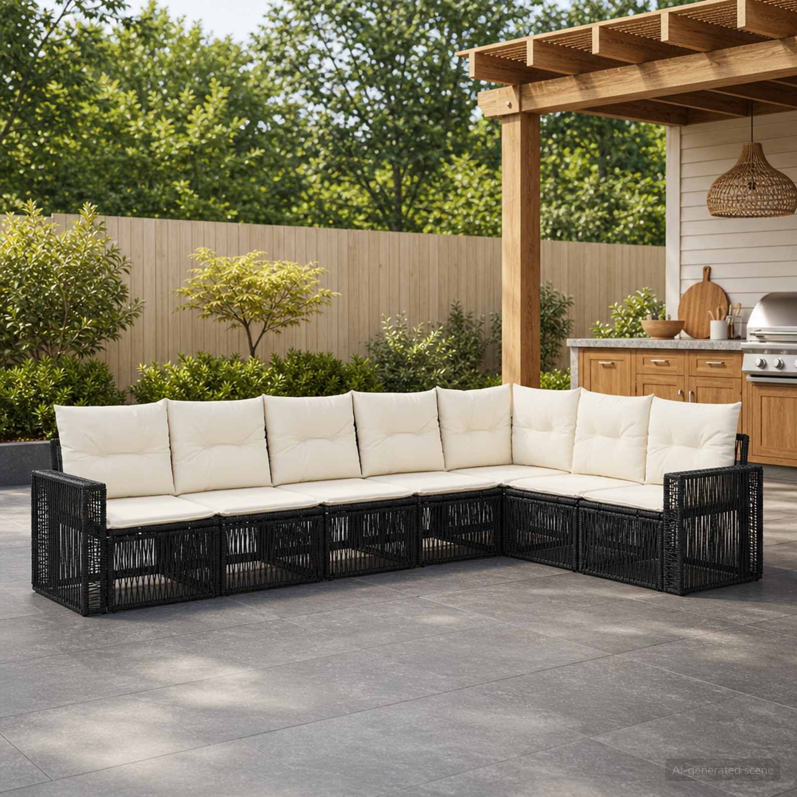 Gartensofa-set 7 pcs Schwarz und Cremeweiß Poly-Rattan