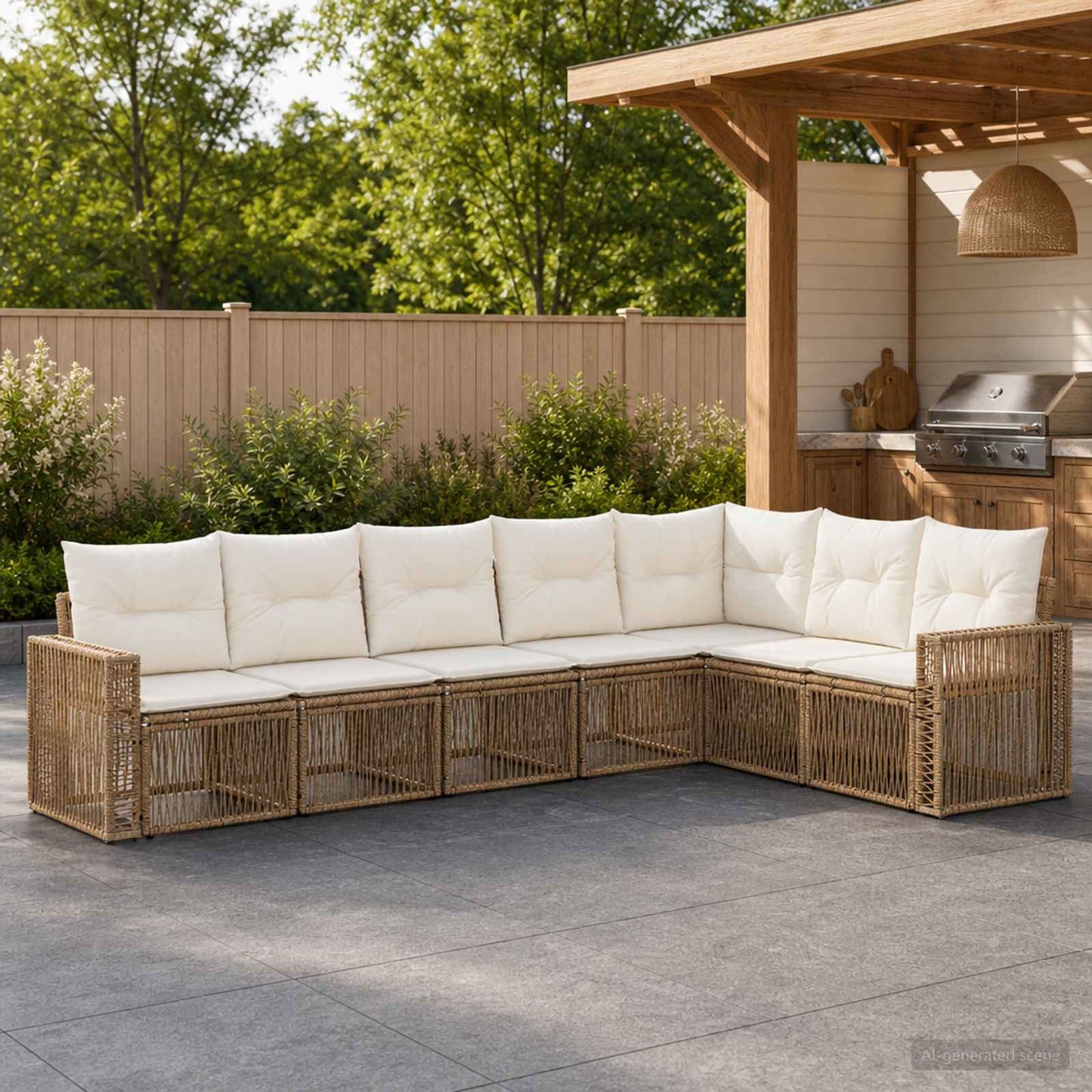 Gartensofa-set 7 pcs Beige und Cremeweiß Poly-Rattan