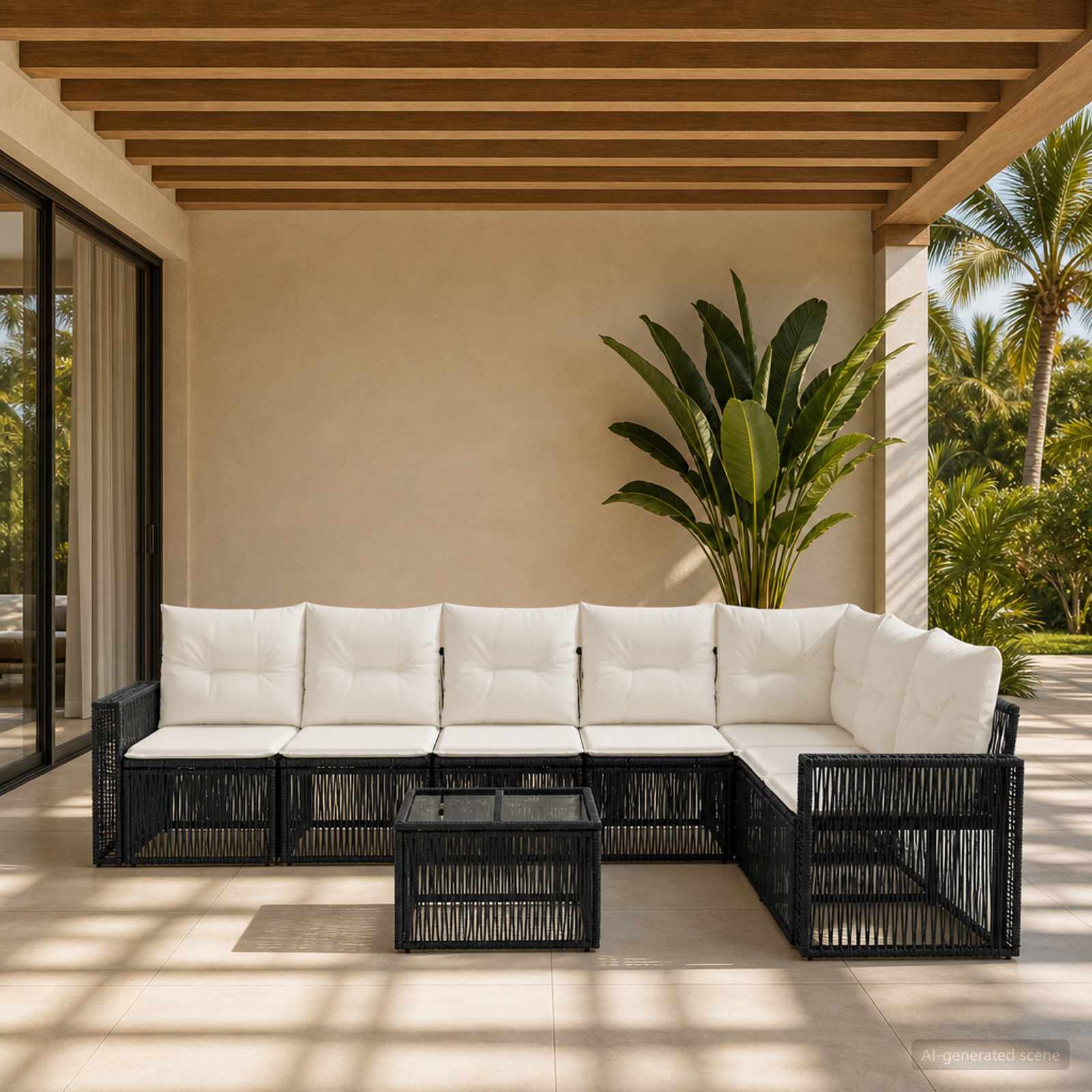 Gartensofa-set 8 stk. Schwarz und Cremeweiß Poly-Rattan