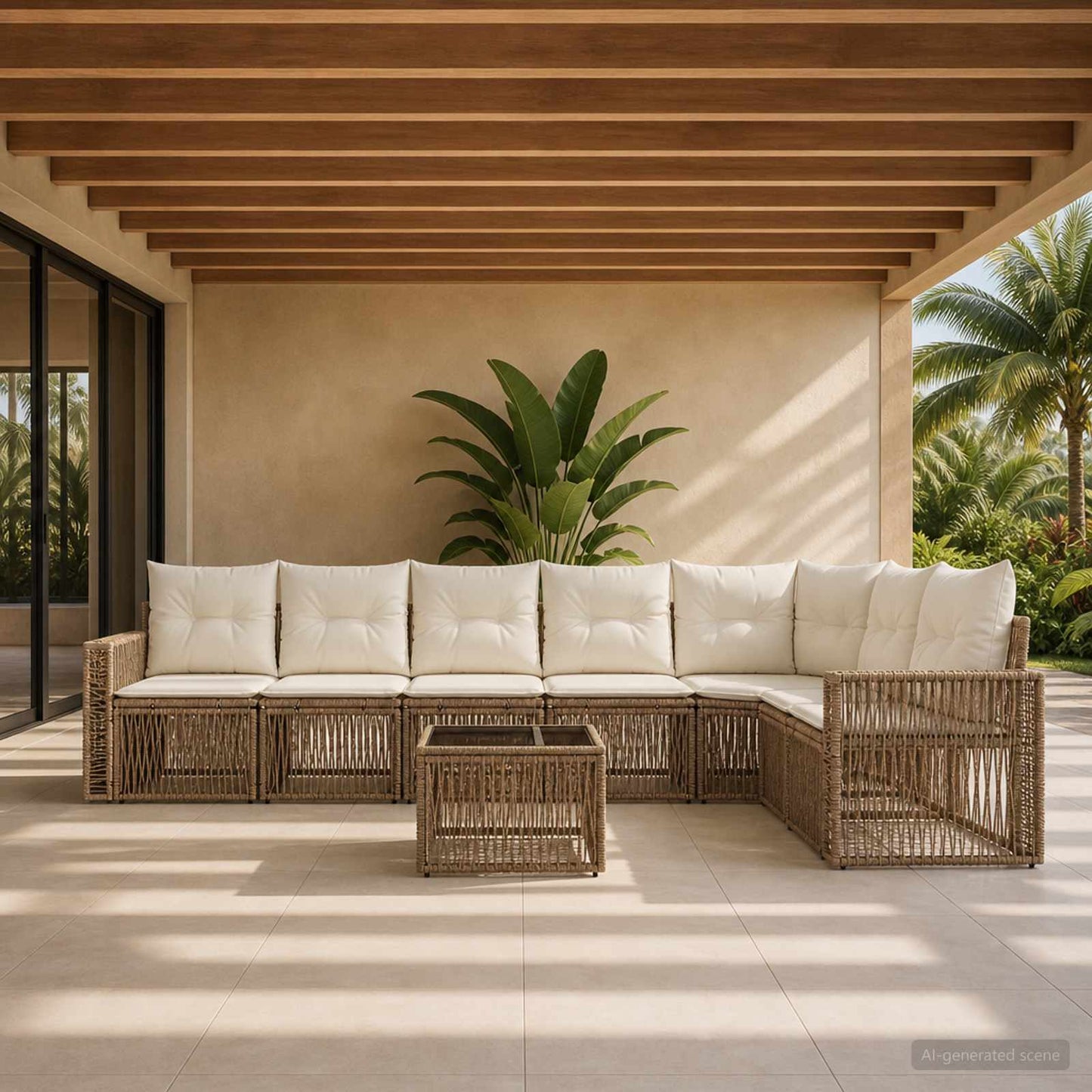 Gartensofa-set 8 pcs Beige und Cremeweiß Poly-Rattan