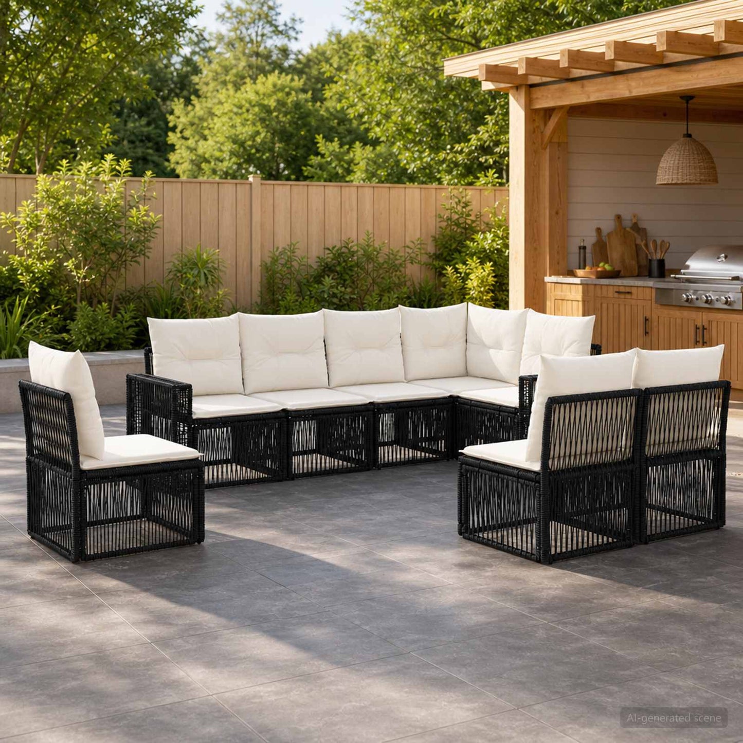 Gartensofa-set 8 stk. Schwarz und Cremeweiß Poly-Rattan