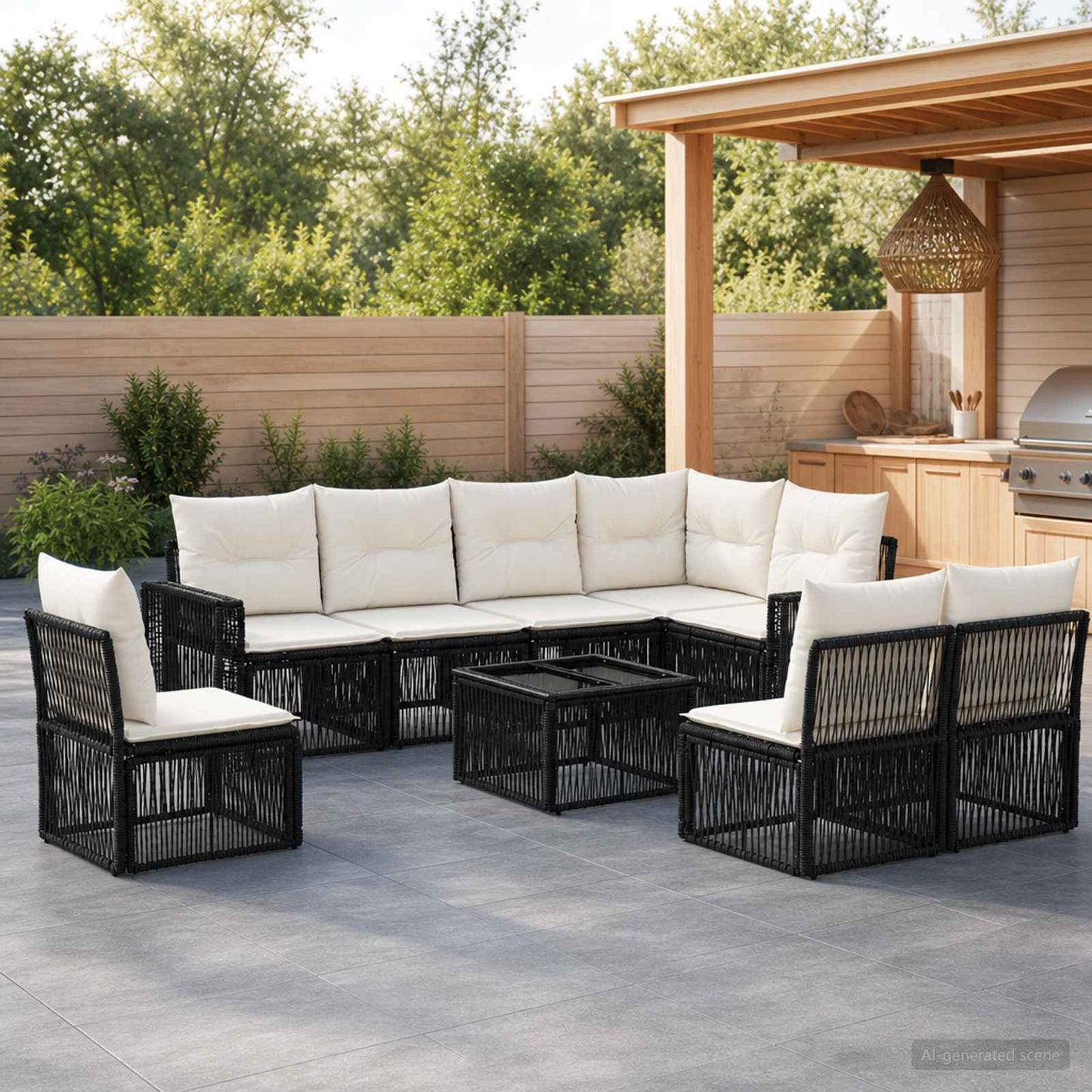 Gartensofa-set 9 stk. Schwarz und Cremeweiß Poly-Rattan