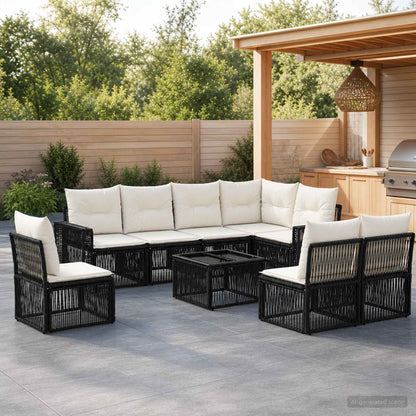 Gartensofa-set 9 stk. Schwarz und Cremeweiß Poly-Rattan