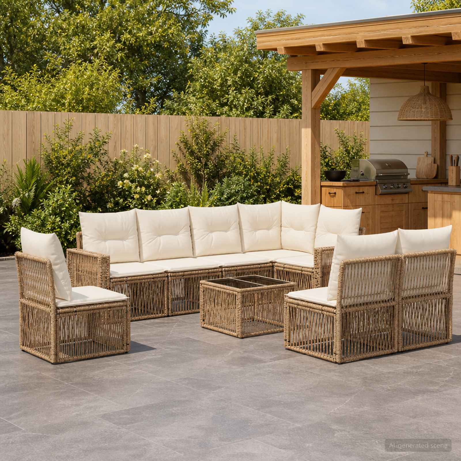 Gartensofa-set 9 pcs Beige und Cremeweiß Poly-Rattan