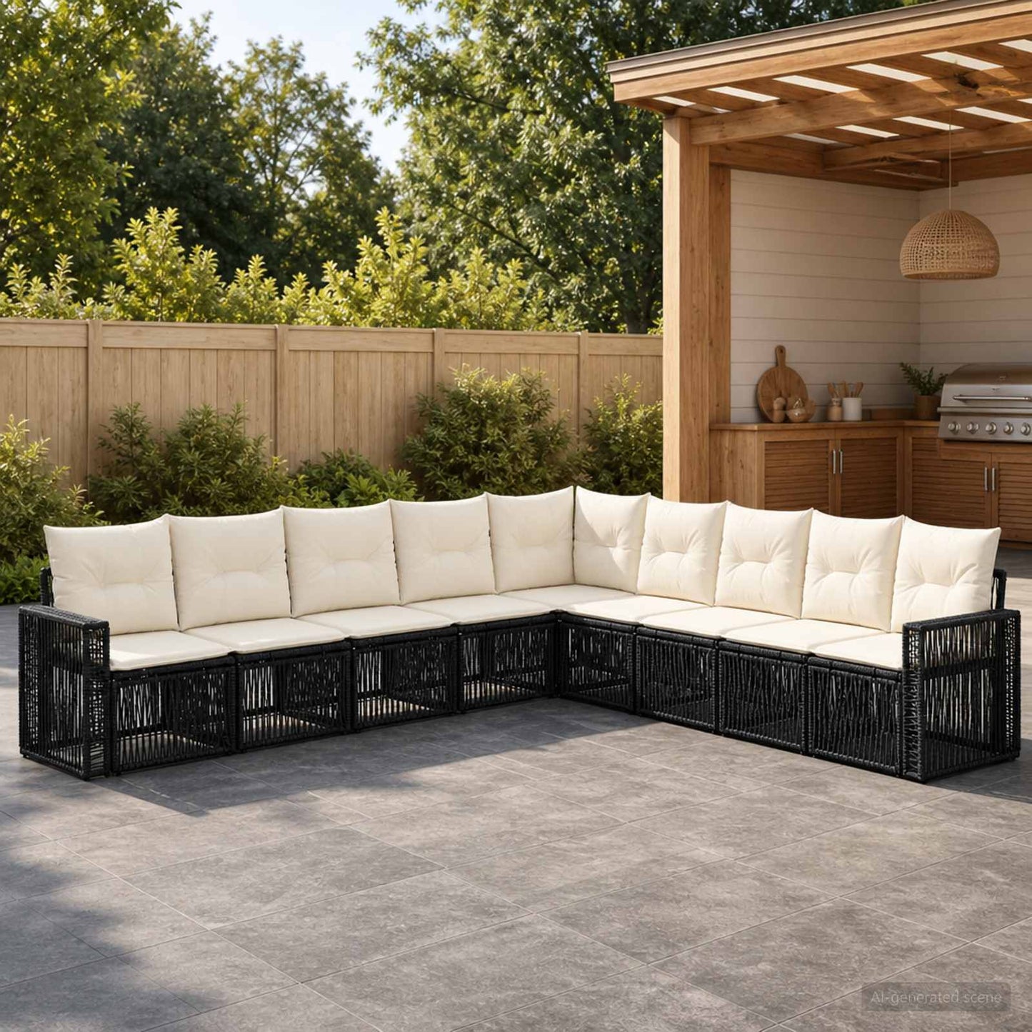 Gartensofa-set 9 pcs Schwarz und Cremeweiß Poly-Rattan