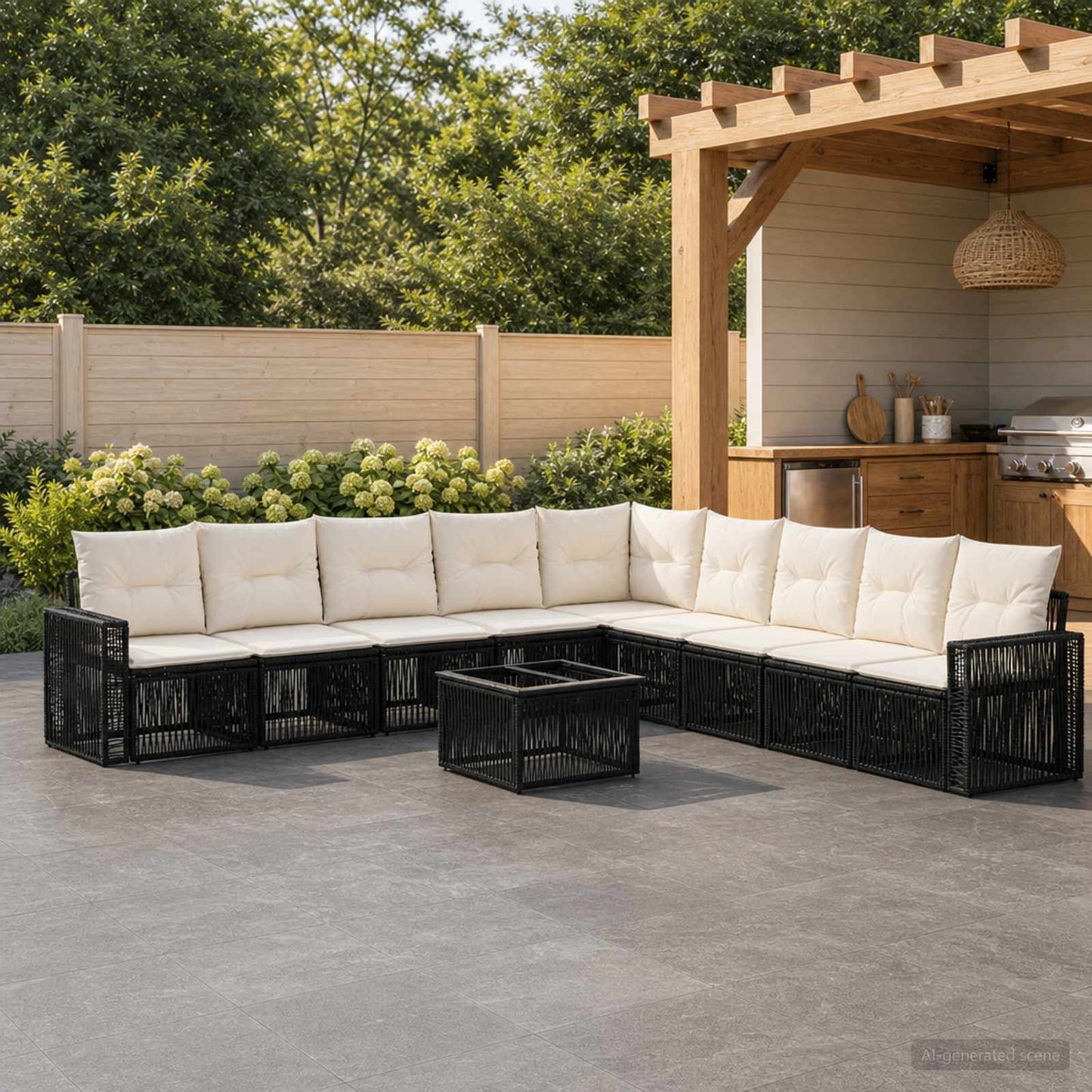 Gartensofa-set 10 stk. Schwarz und Cremeweiß Poly-Rattan