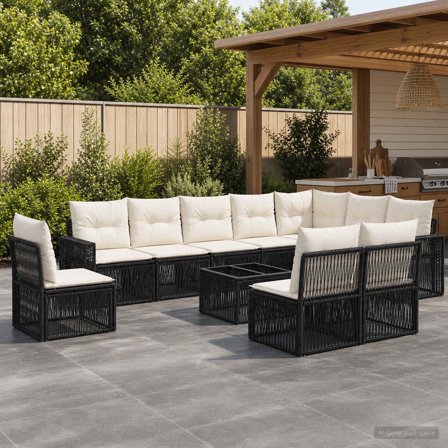 Gartensofa-set 11 stk. Schwarz und Cremeweiß Poly-Rattan