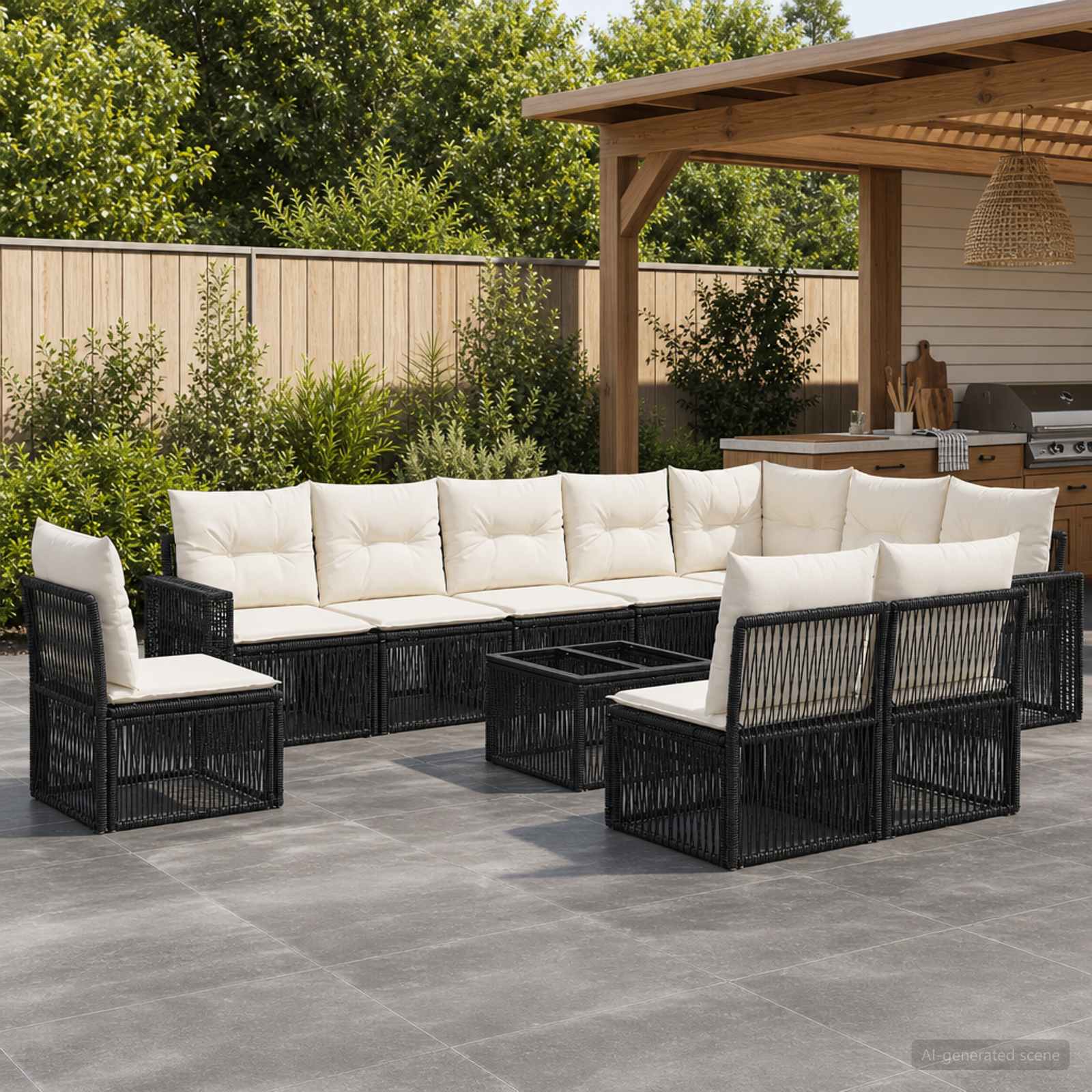 Gartensofa-set 11 stk. Schwarz und Cremeweiß Poly-Rattan