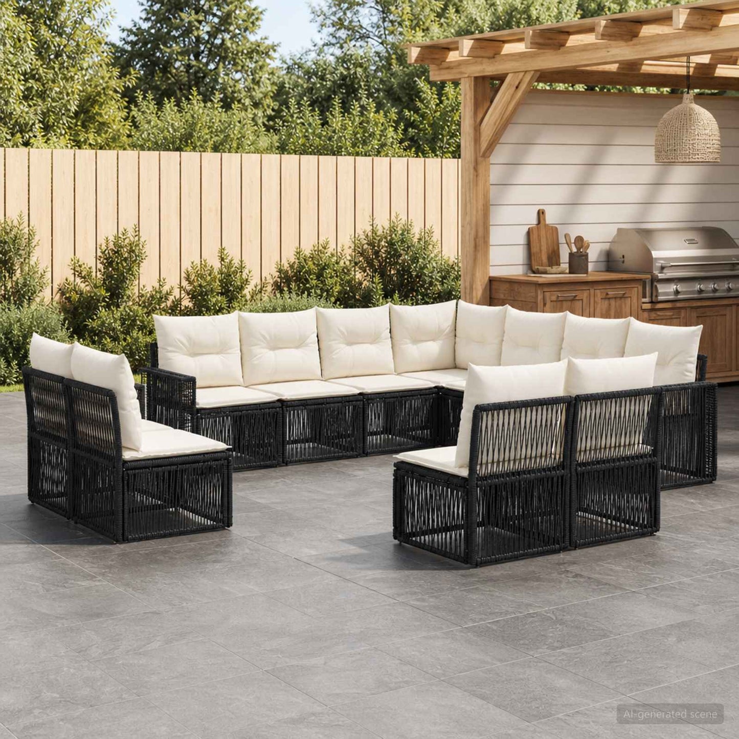 Gartensofa-set 11 pcs Schwarz und Cremeweiß Poly-Rattan