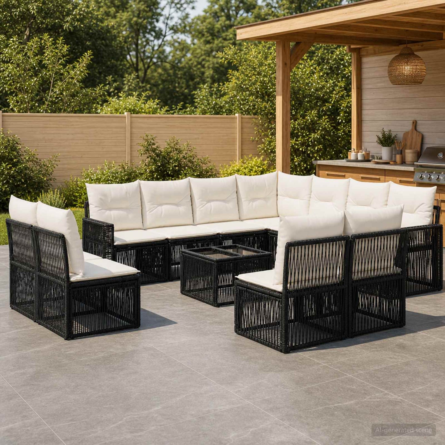 Gartensofa-set 12 pcs Schwarz und Cremeweiß Poly-Rattan