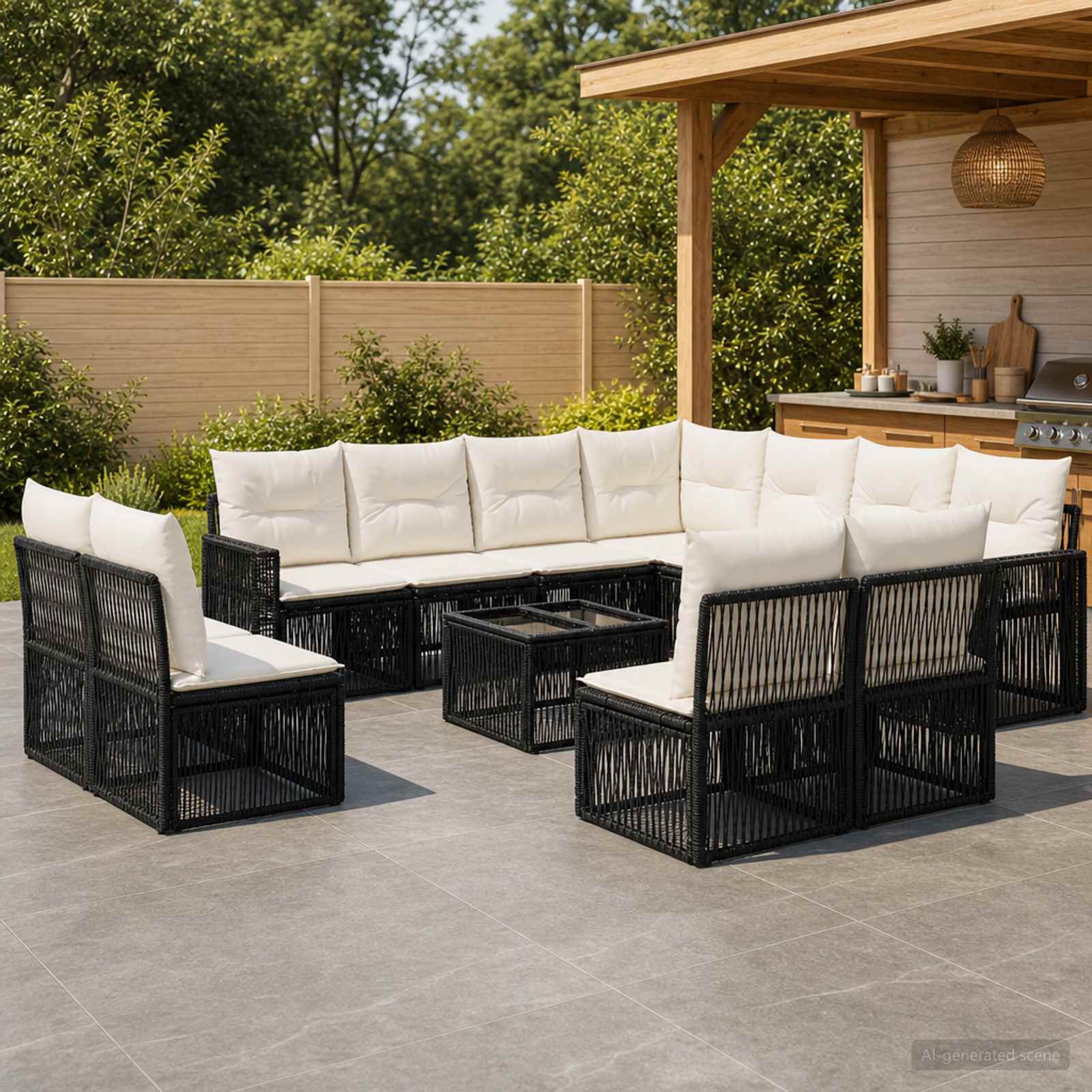 Gartensofa-set 12 pcs Schwarz und Cremeweiß Poly-Rattan