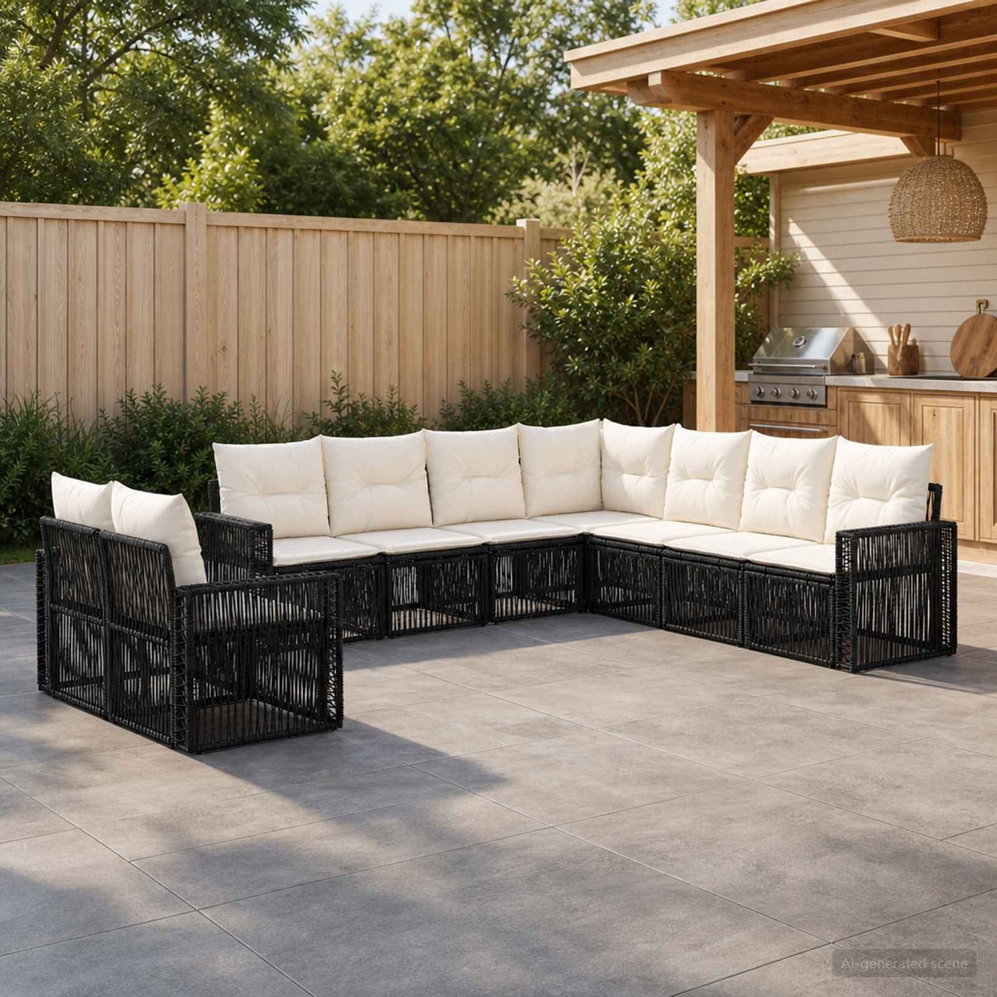 Gartensofa-set 9 stk. Schwarz und Cremeweiß Poly-Rattan