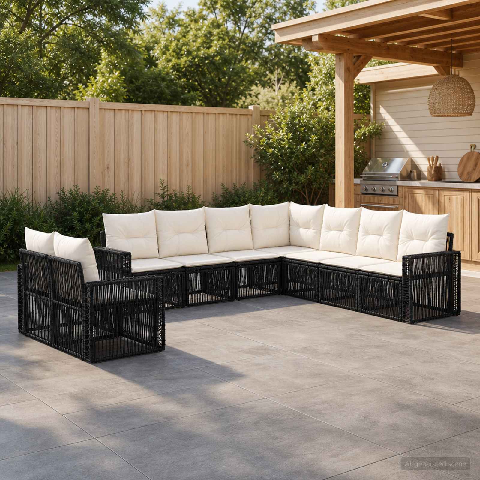 Gartensofa-set 9 stk. Schwarz und Cremeweiß Poly-Rattan