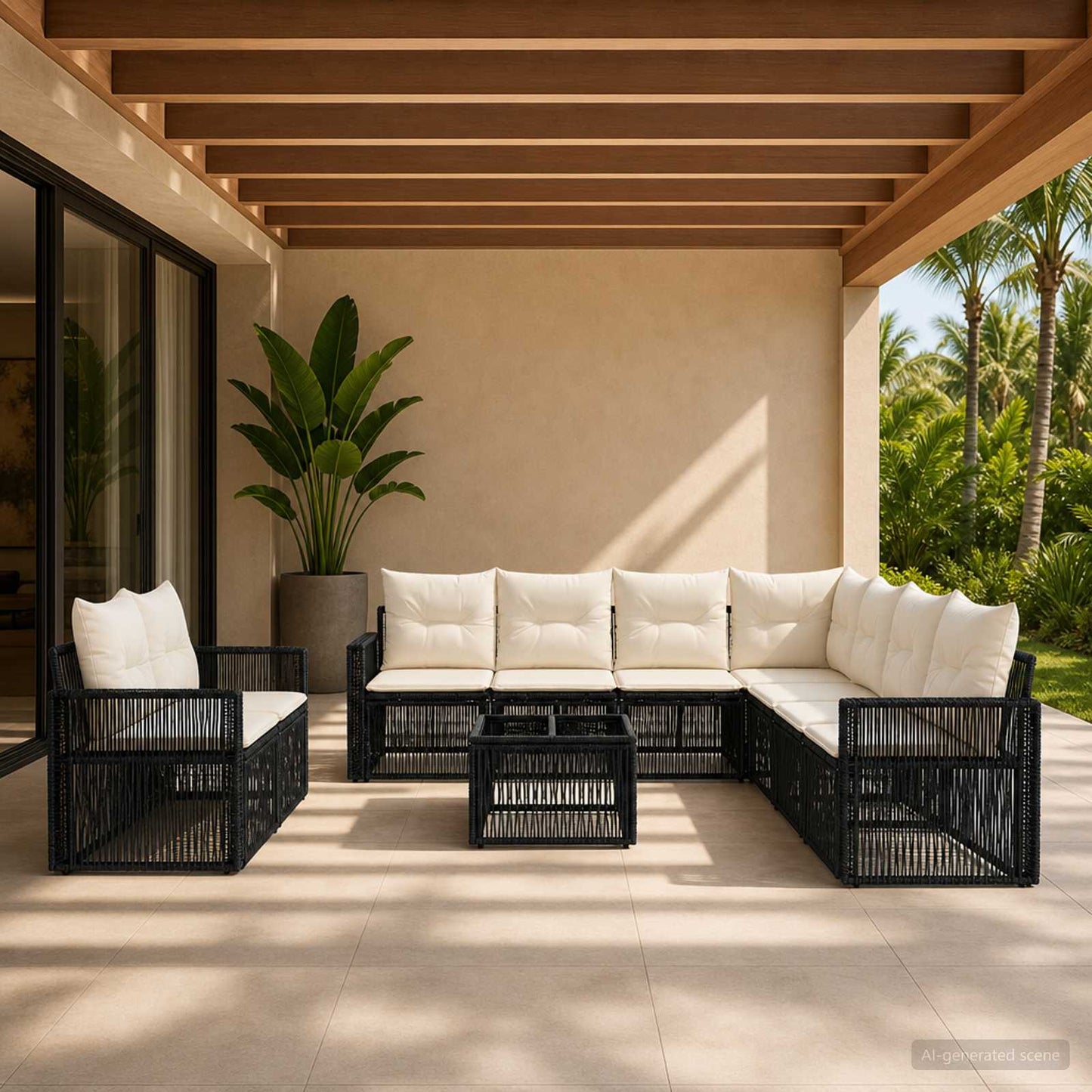 Gartensofa-set 10 stk. Schwarz und Cremeweiß Poly-Rattan