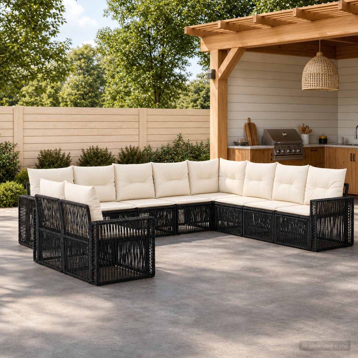 Gartensofa-set 10 stk. Schwarz und Cremeweiß Poly-Rattan
