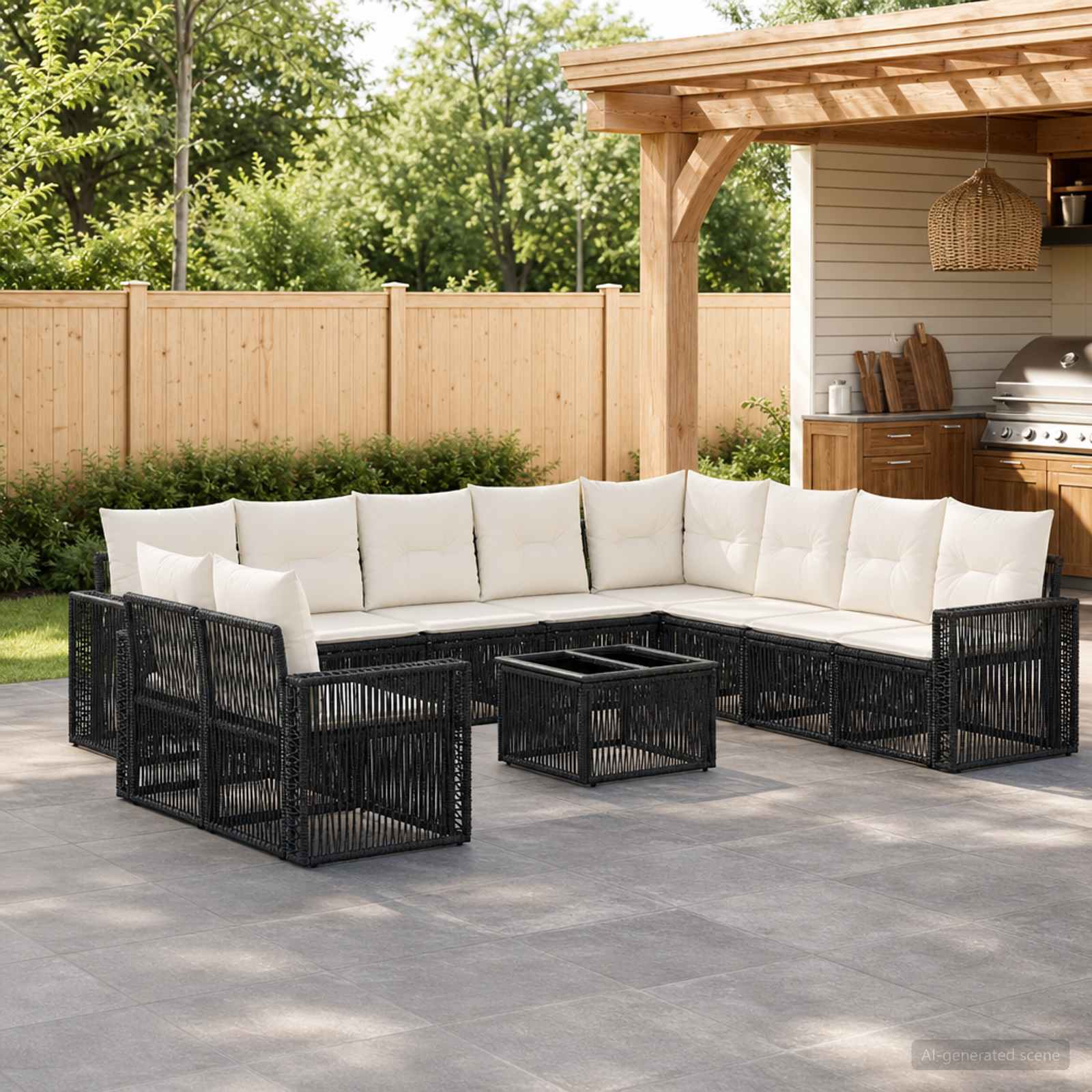 Gartensofa-set 11 stk. Schwarz und Cremeweiß Poly-Rattan