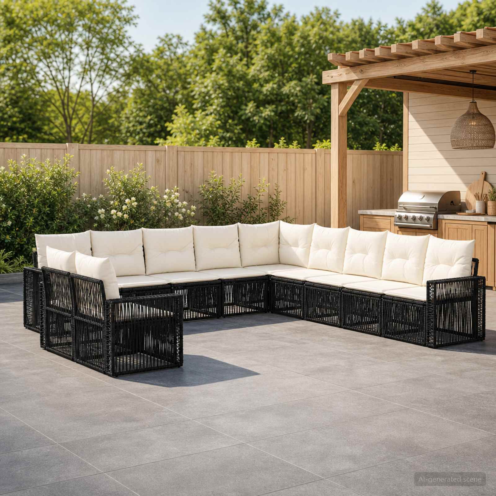 Gartensofa-set 11 stk. Schwarz und Cremeweiß Poly-Rattan