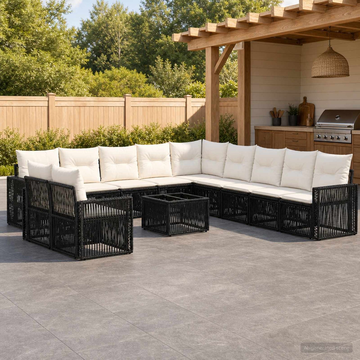Gartensofa-set 12 stk. Schwarz und Cremeweiß Poly-Rattan