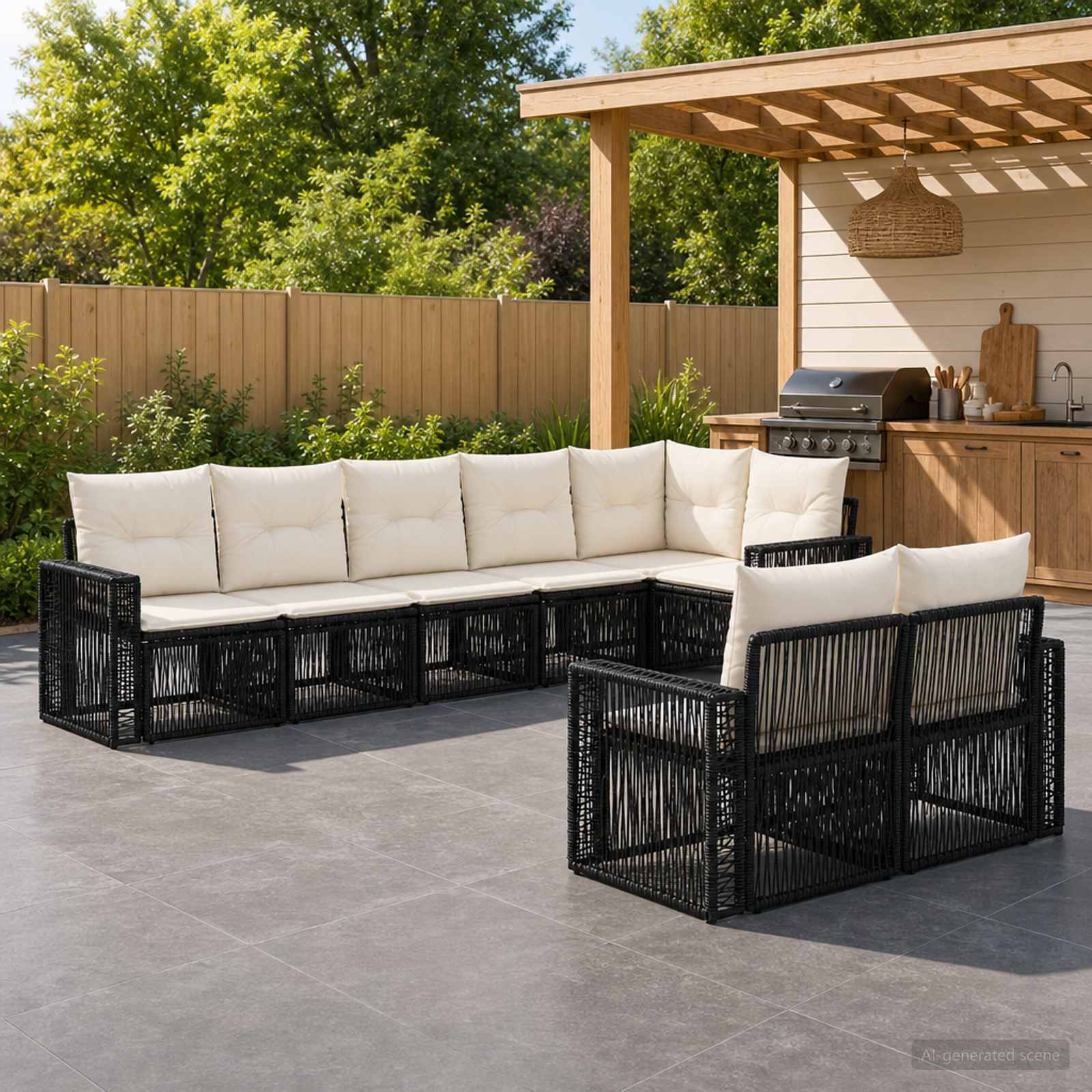 Gartensofa-set 8 stk. Schwarz und Cremeweiß Poly-Rattan