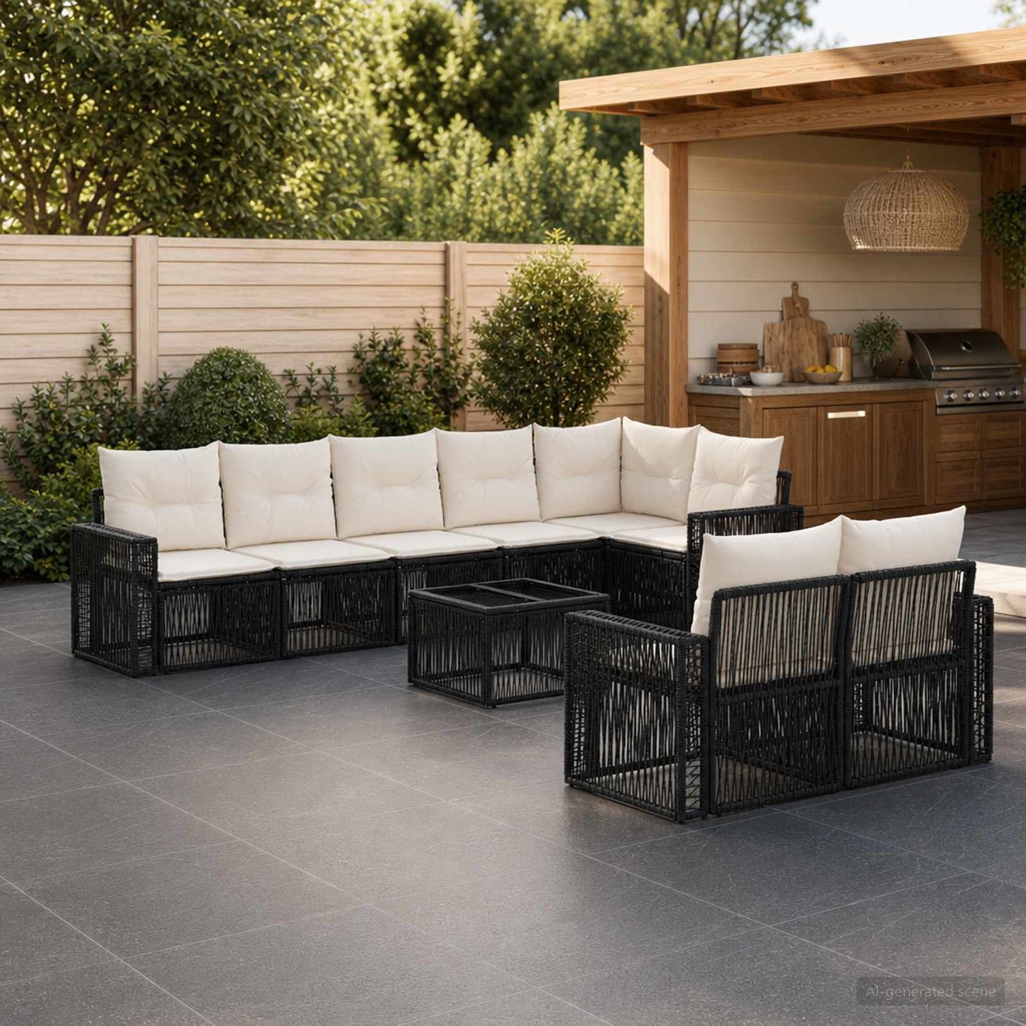Gartensofa-set 9 stk. Schwarz und Cremeweiß Poly-Rattan