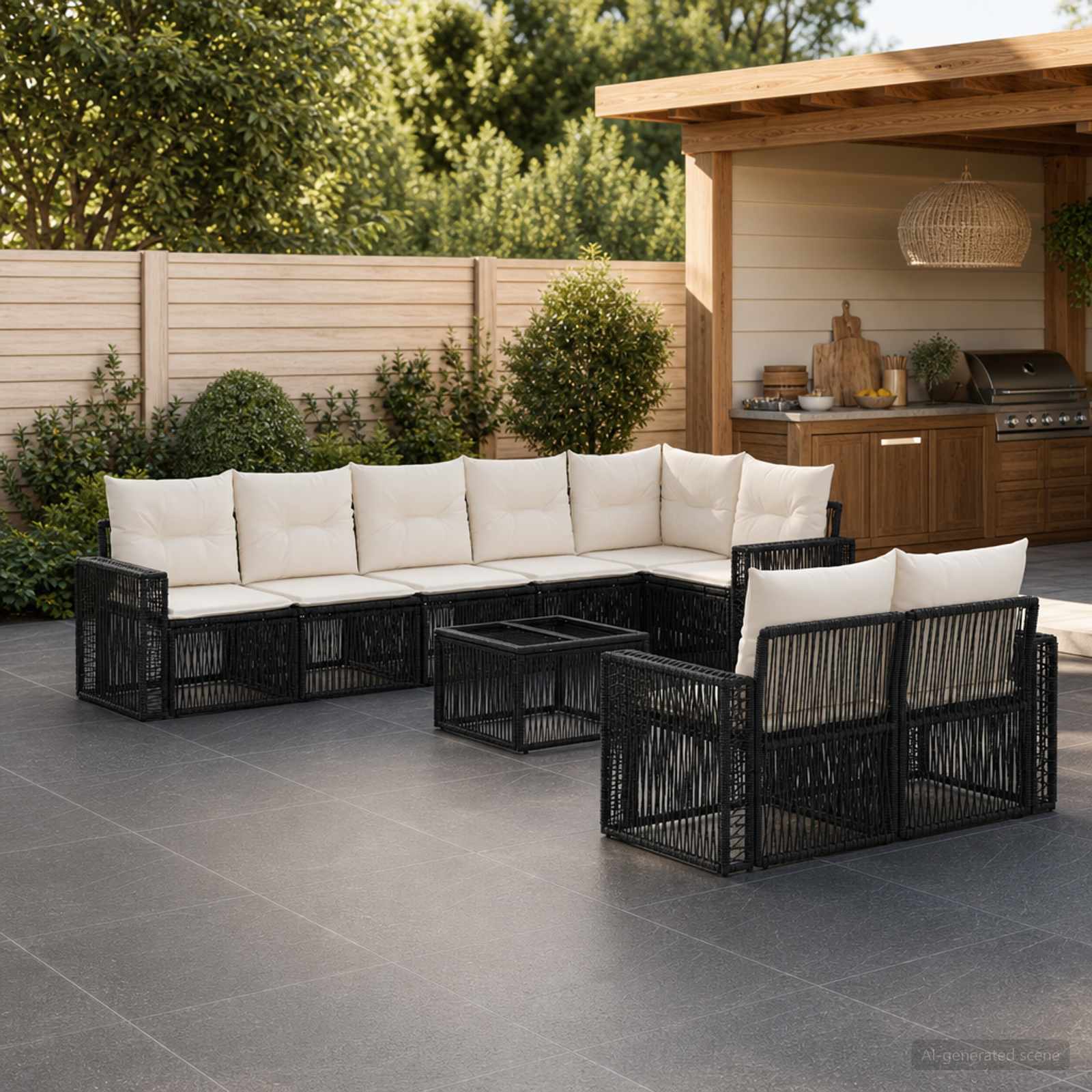 Gartensofa-set 9 stk. Schwarz und Cremeweiß Poly-Rattan