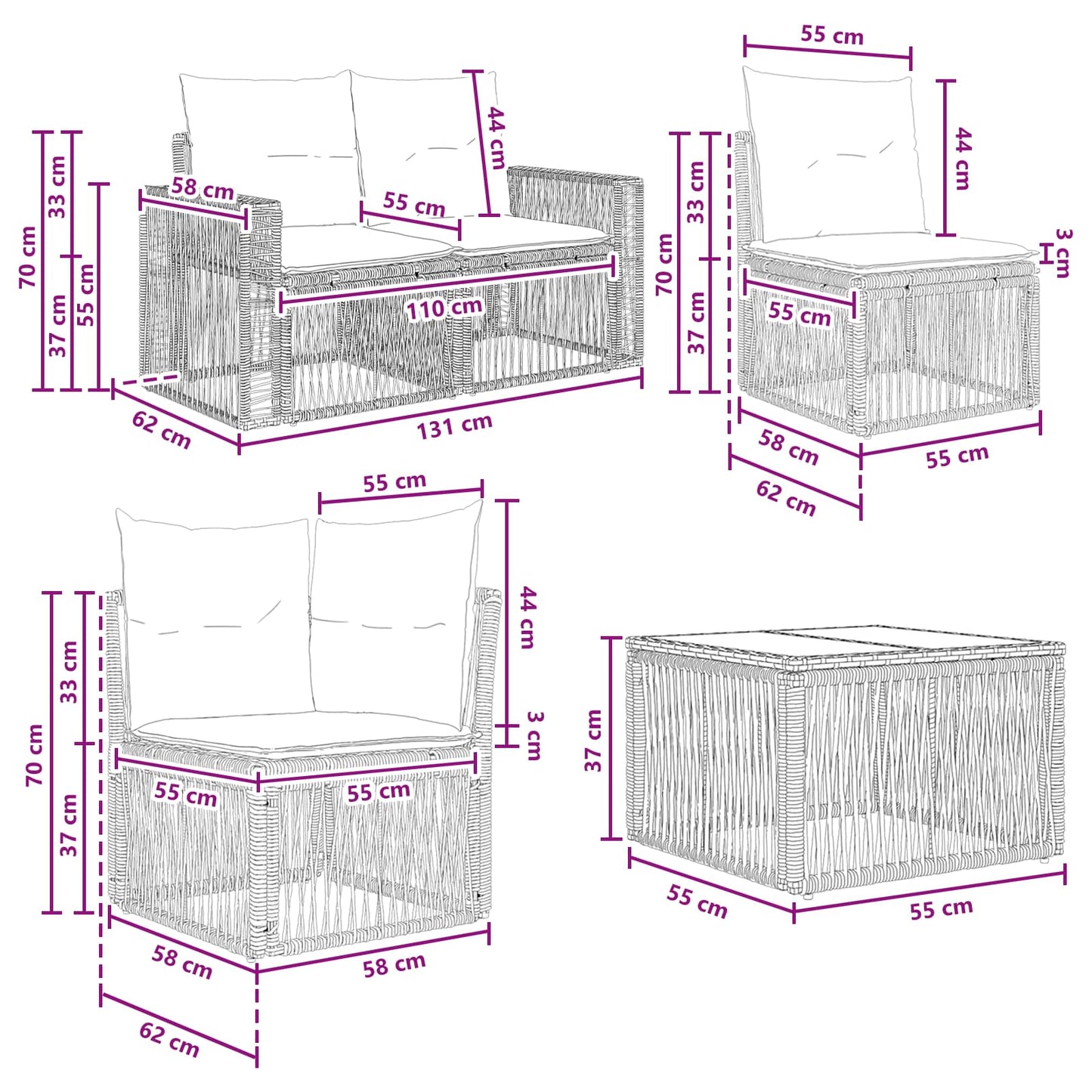 Gartensofa-set 9 stk. Schwarz und Cremeweiß Poly-Rattan