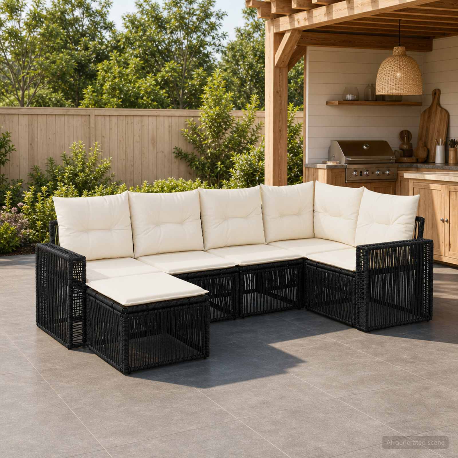 Gartensofa-set 6 pcs Schwarz und Cremeweiß Poly-Rattan