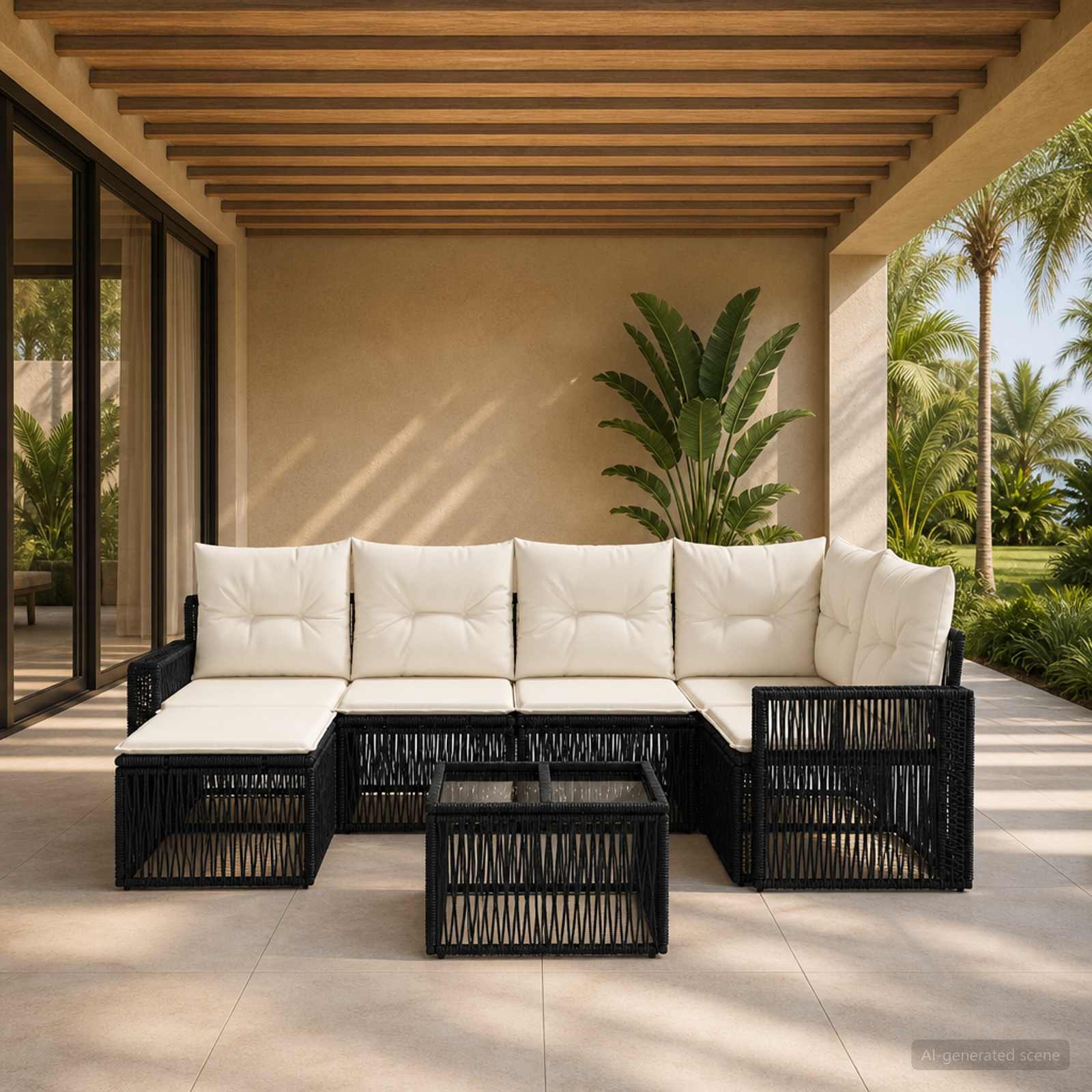 Gartensofa-set 7 stk. Schwarz und Cremeweiß Poly-Rattan