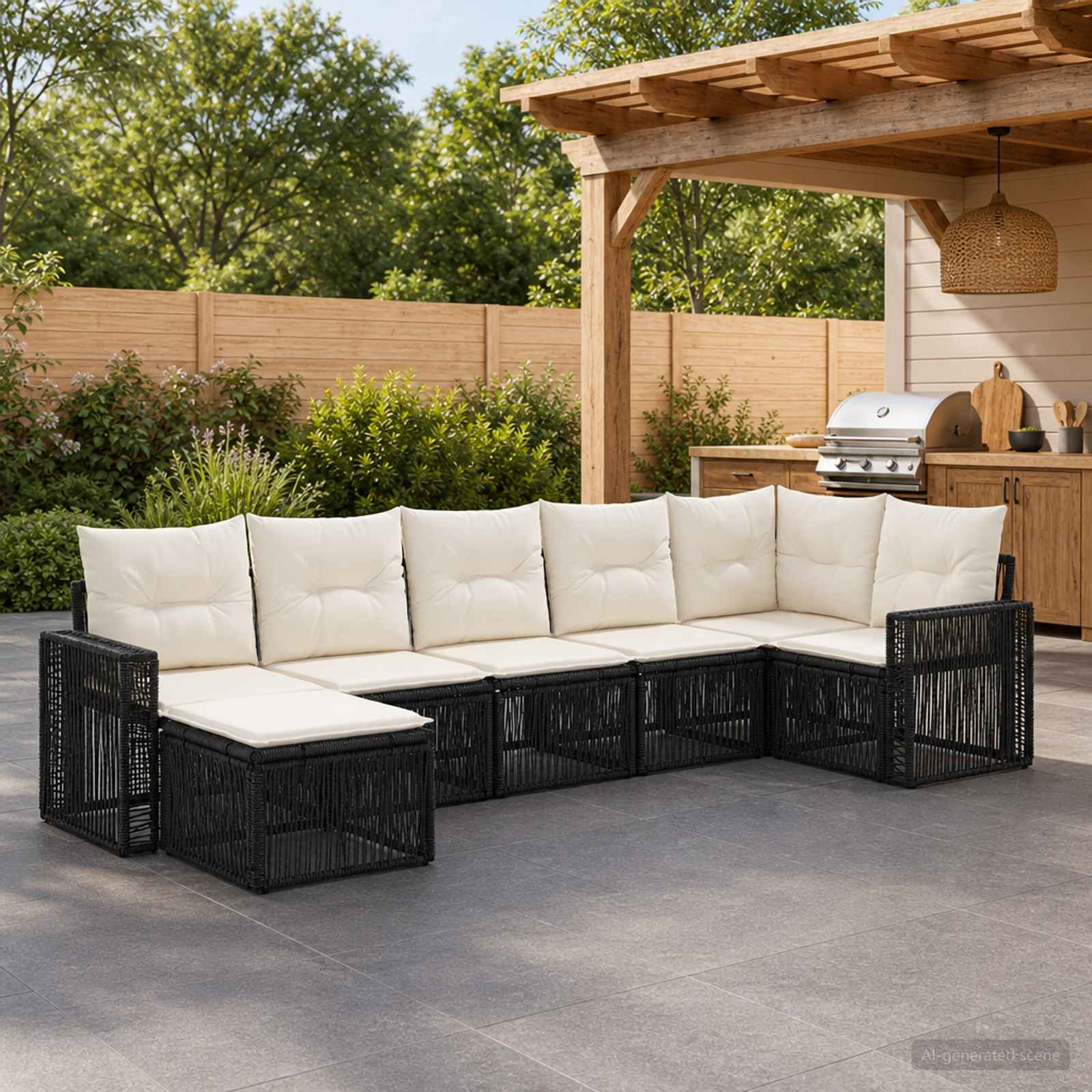 Gartensofa-set 7 pcs Schwarz und Cremeweiß Poly-Rattan