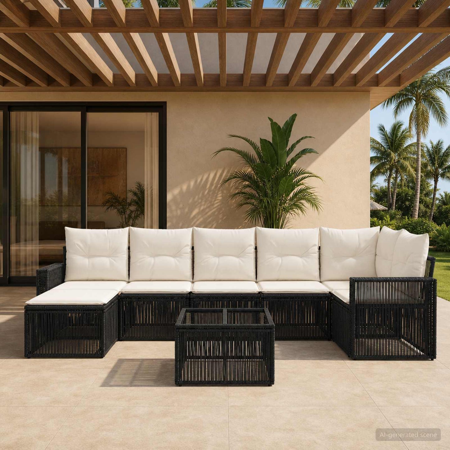 Gartensofa-set 8 stk. Schwarz und Cremeweiß Poly-Rattan