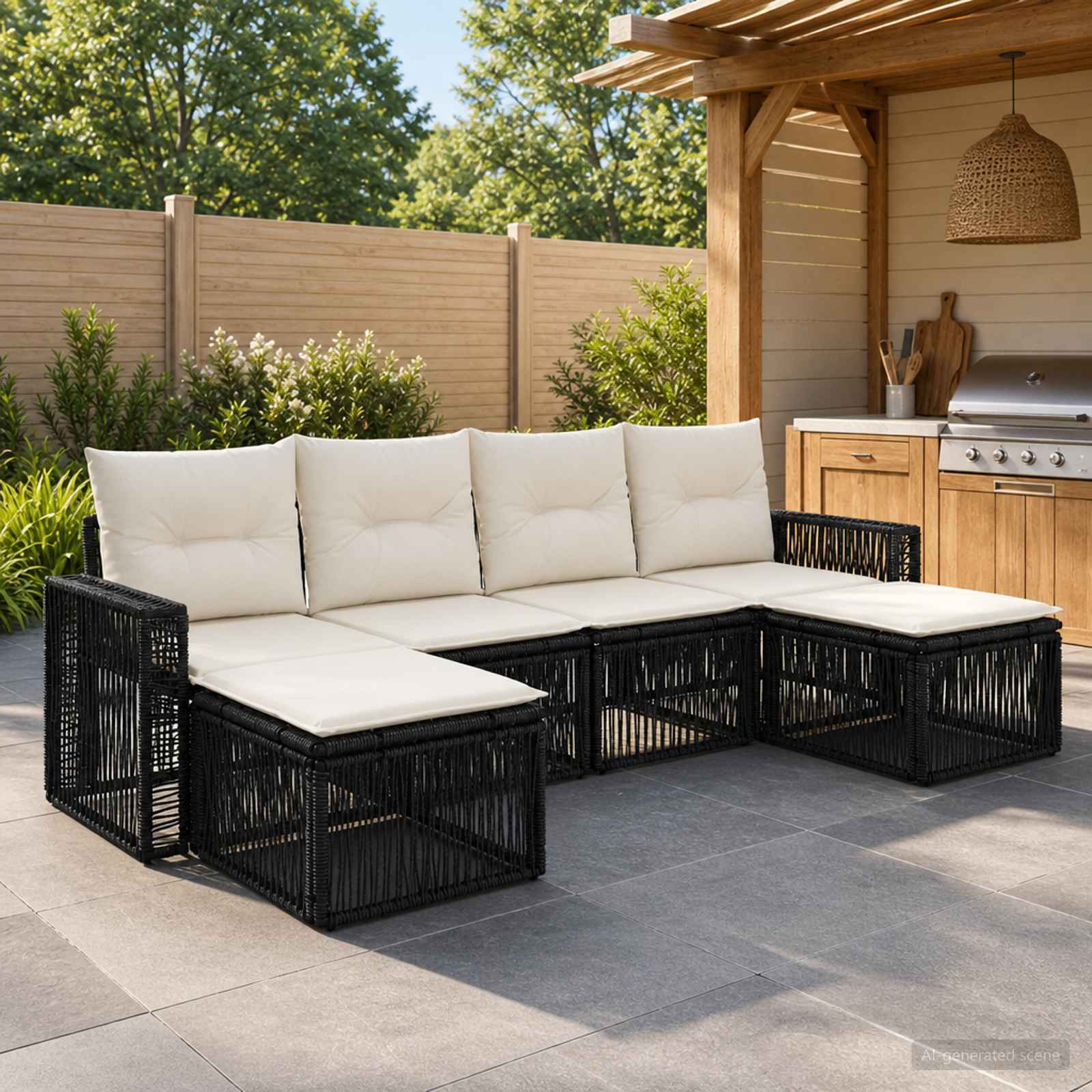 Gartensofa-set 6 pcs Schwarz und Cremeweiß Poly-Rattan