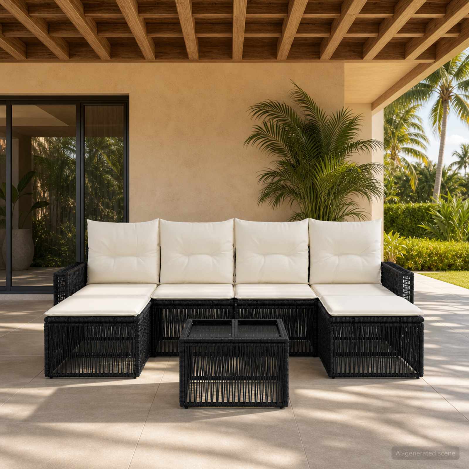 Gartensofa-set 7 stk. Schwarz und Cremeweiß Poly-Rattan