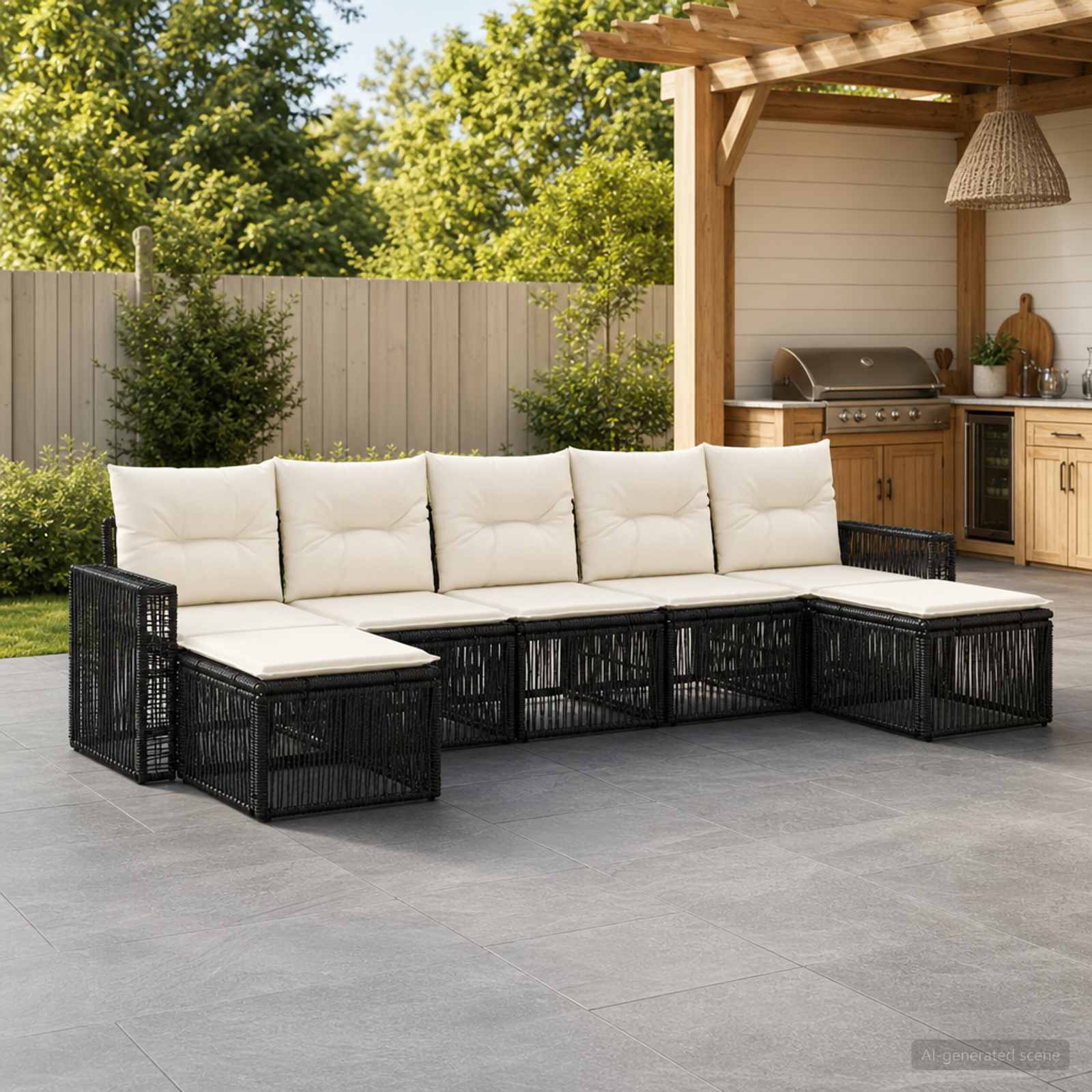 Gartensofa-set 7 stk. Schwarz und Cremeweiß Poly-Rattan