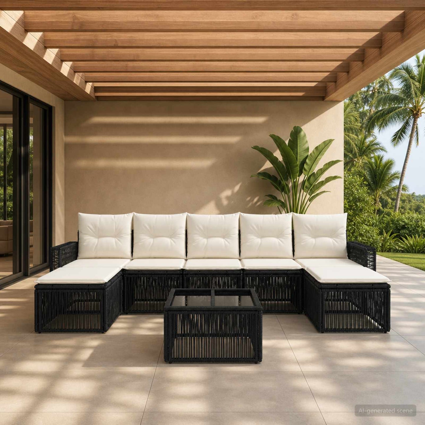 Gartensofa-set 8 stk. Schwarz und Cremeweiß Poly-Rattan