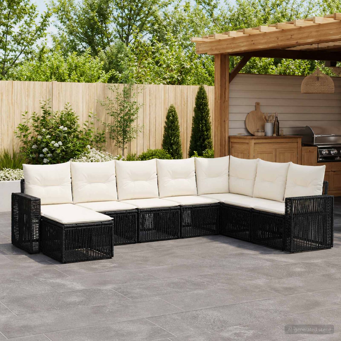 Gartensofa-set 8 pcs Schwarz und Cremeweiß Poly-Rattan