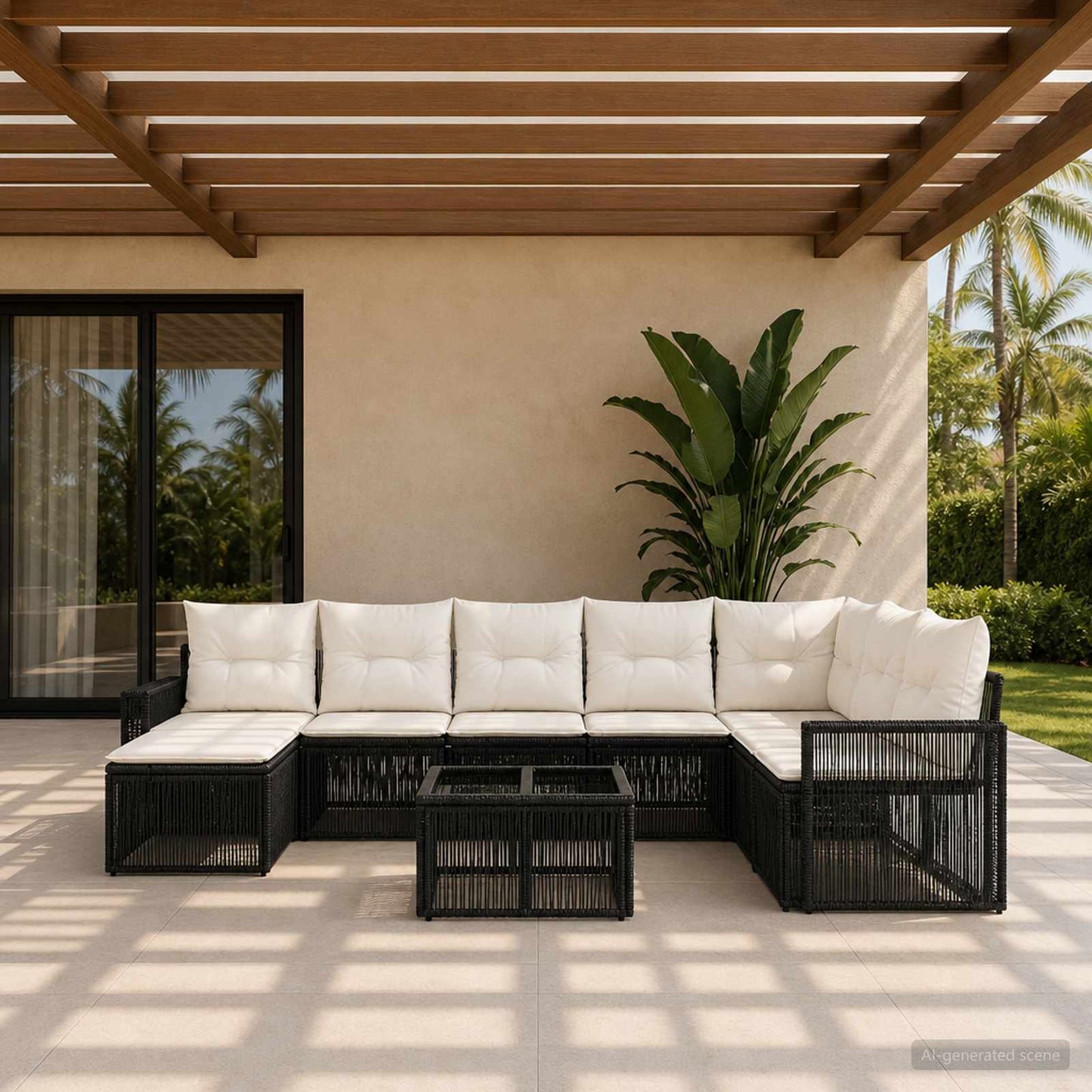 Gartensofa-set 9 stk. Schwarz und Cremeweiß Poly-Rattan
