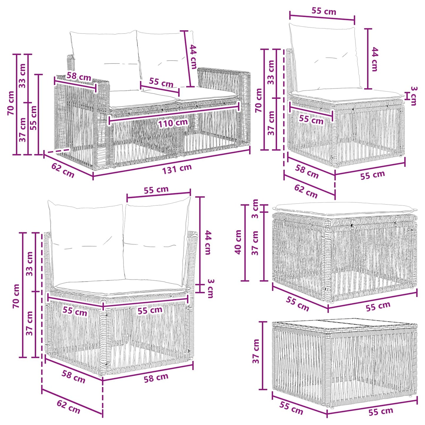 Gartensofa-set 9 stk. Schwarz und Cremeweiß Poly-Rattan