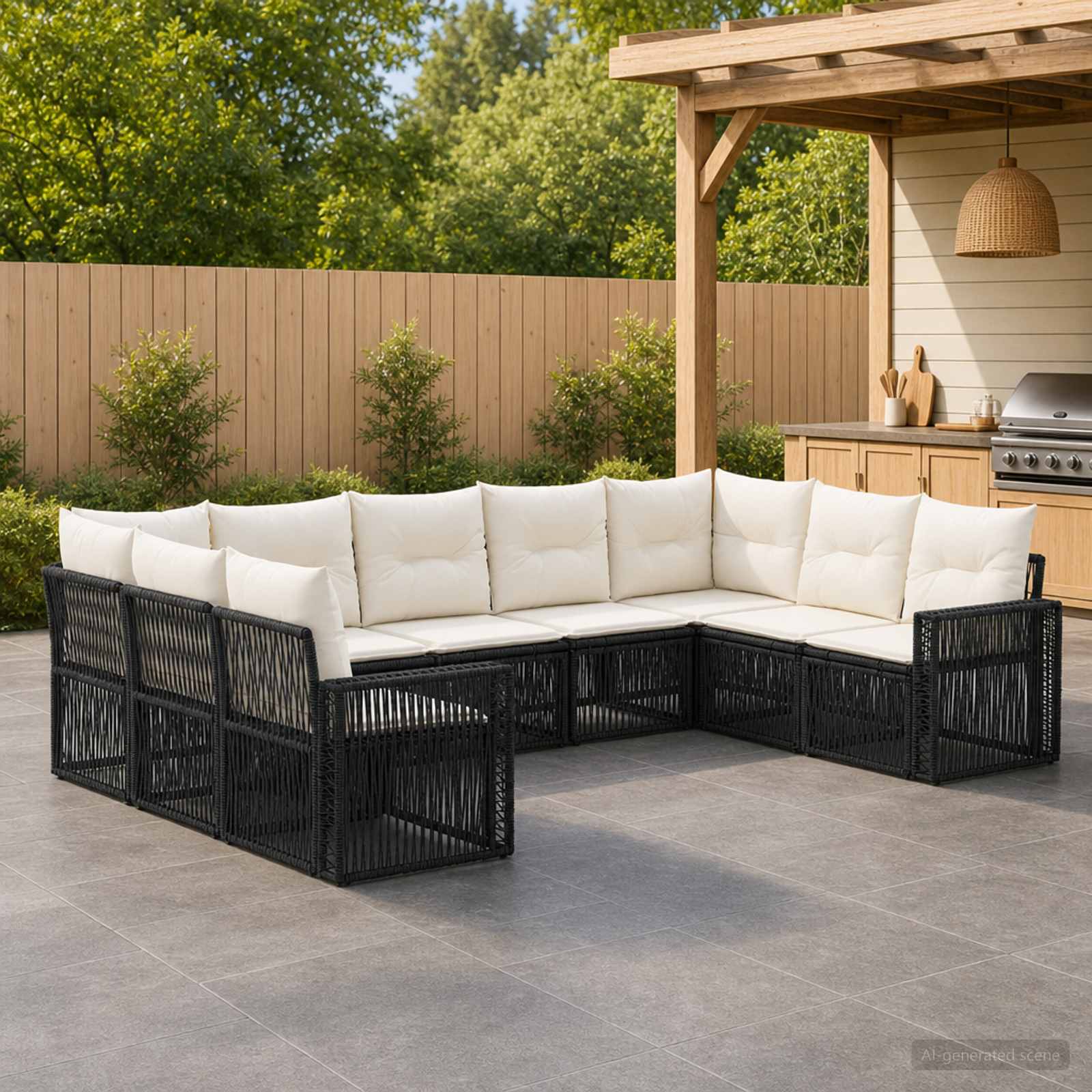 Gartensofa-set 9 pcs Schwarz und Cremeweiß Poly-Rattan