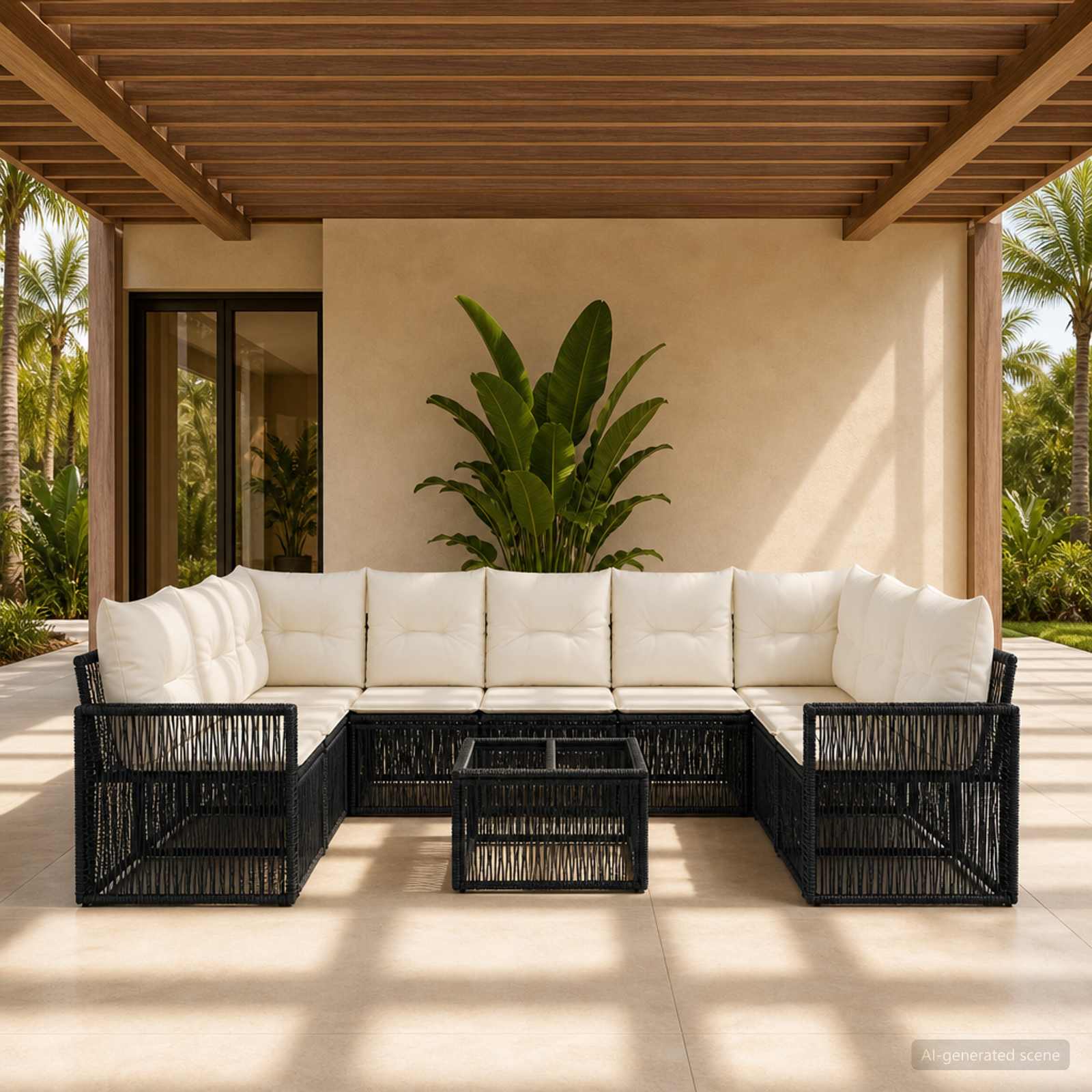 Gartensofa-set 10 pcs Schwarz und Cremeweiß Poly-Rattan