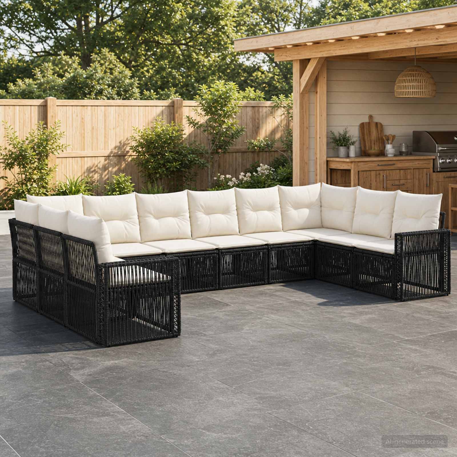 Gartensofa-set 10 stk. Schwarz und Cremeweiß Poly-Rattan