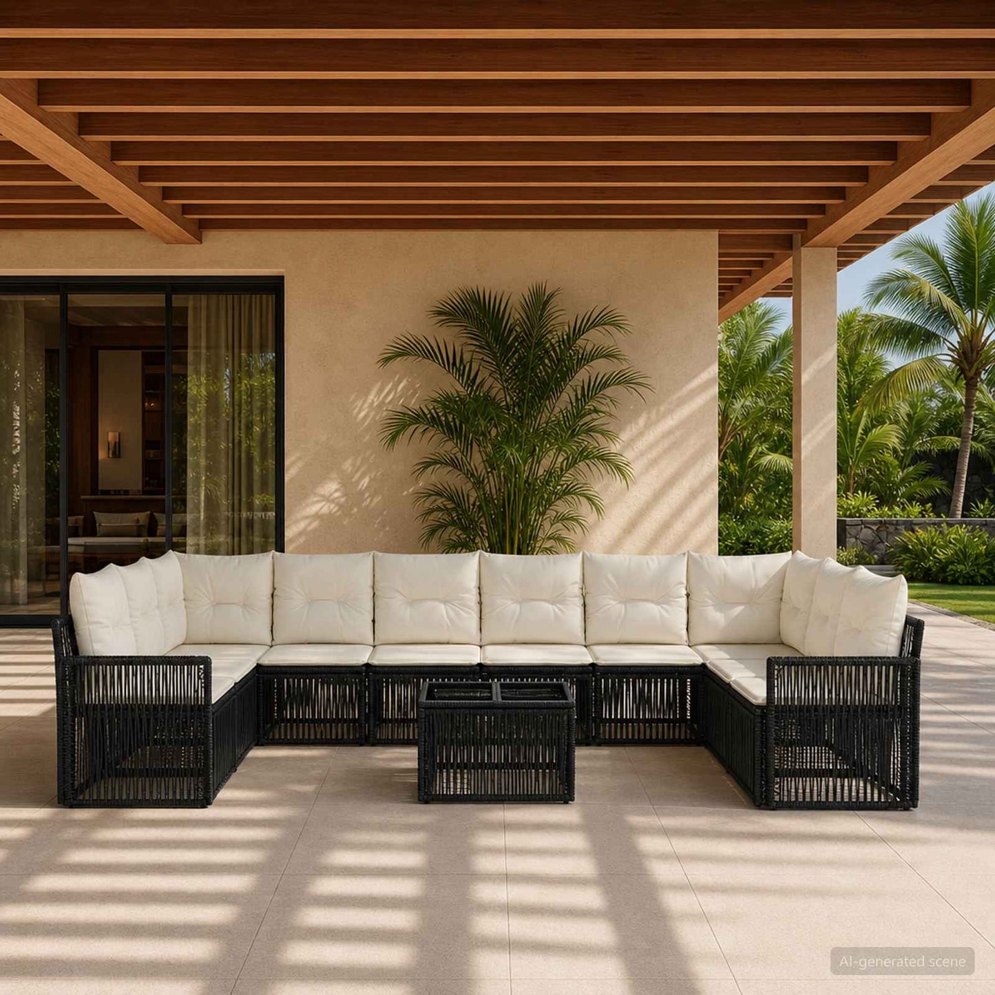 Gartensofa-set 11 stk. Schwarz und Cremeweiß Poly-Rattan